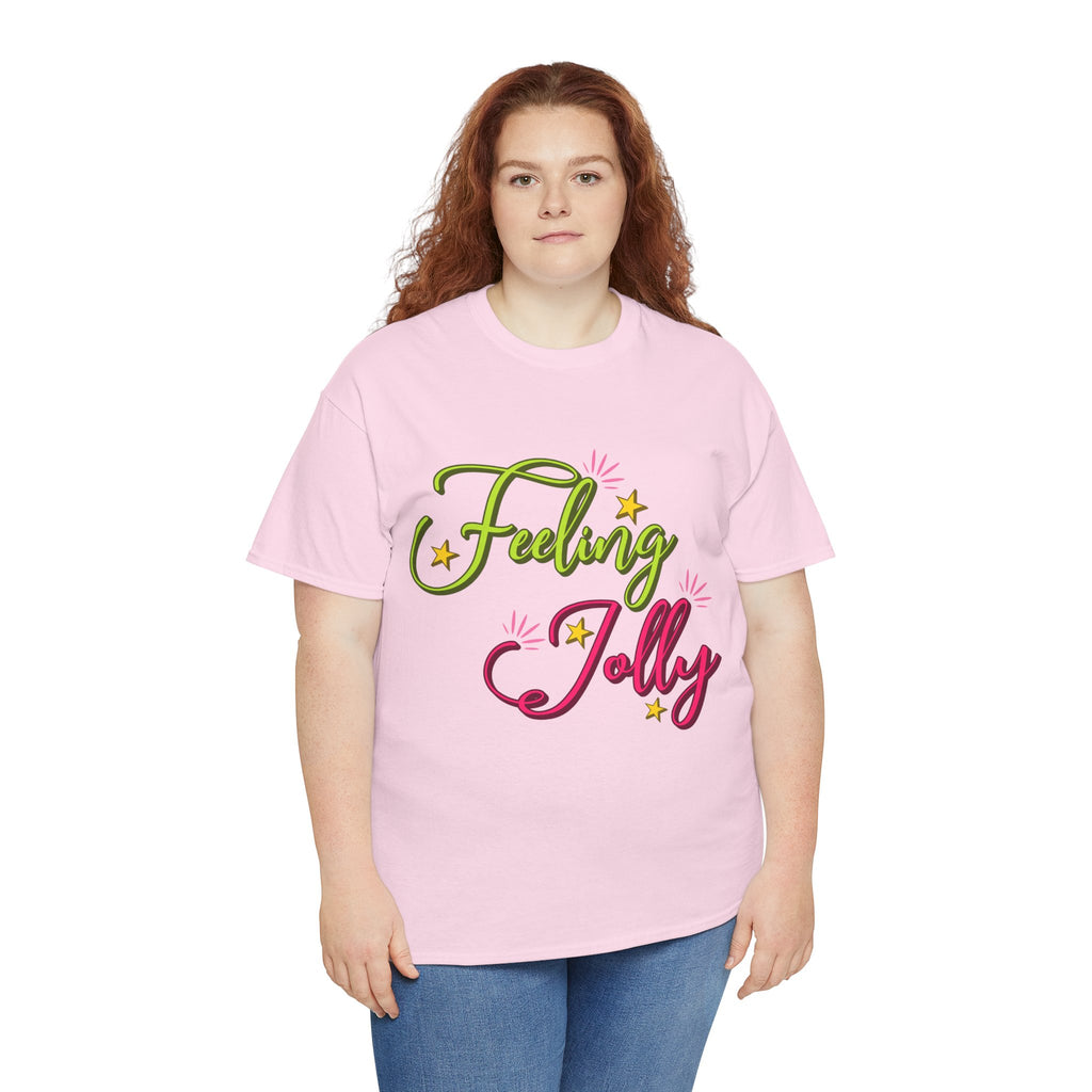 Feeling Jolly Tee — Festive Green & Pink Script with Yellow Stars Unisex Cotton Tee