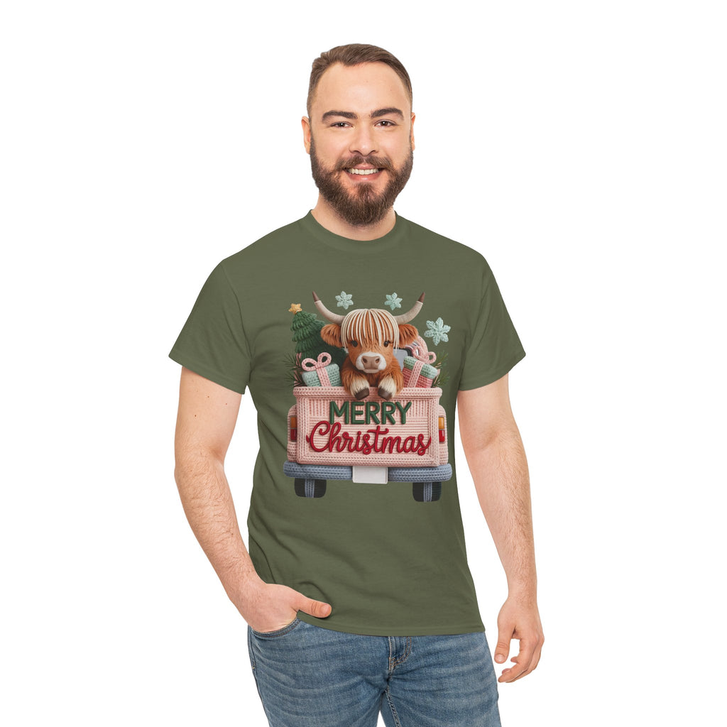 Merry Christmas Highland Cow Knit Truck Unisex Cotton T-Shirt