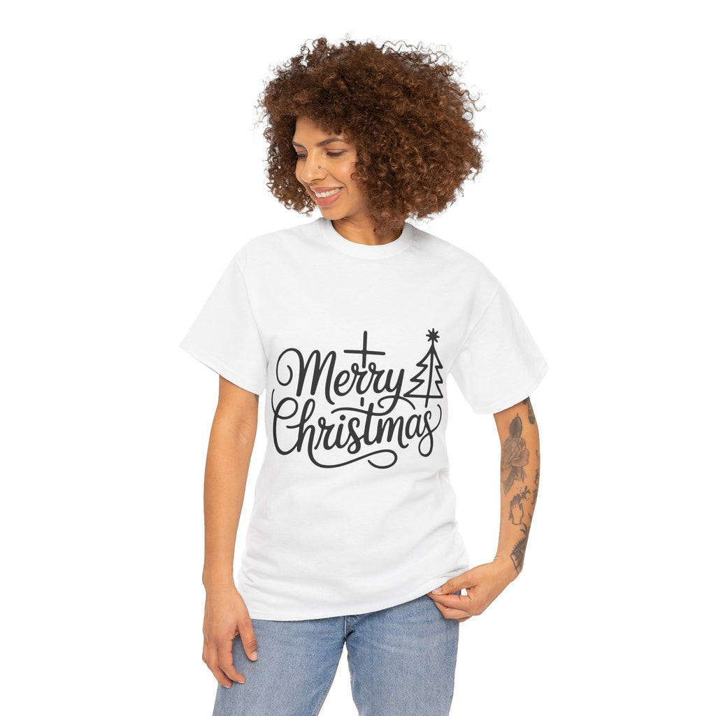 Merry Christmas Script T-Shirt with Cross & Tree(Unisex Cotton Tee)