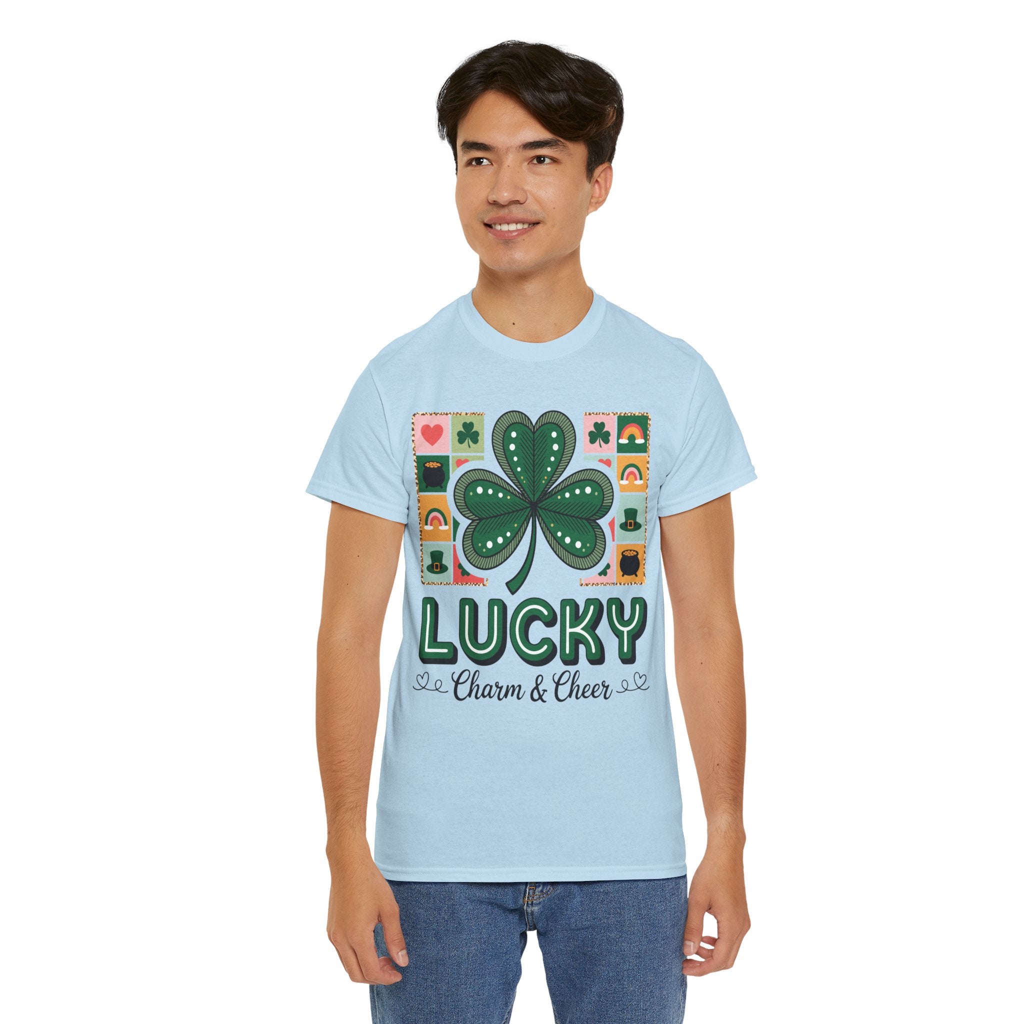 Lucky Charm & Cheer Clover Tee — Patchwork St. Patrick’s Day Unisex Cotton T-Shirt