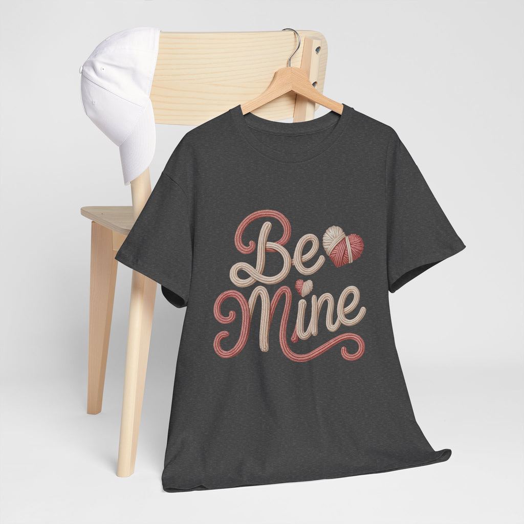 Be Mine Yarn Heart T-Shirt — Valentine’s Faux-Yarn Pink & Cream Unisex Cotton Tee