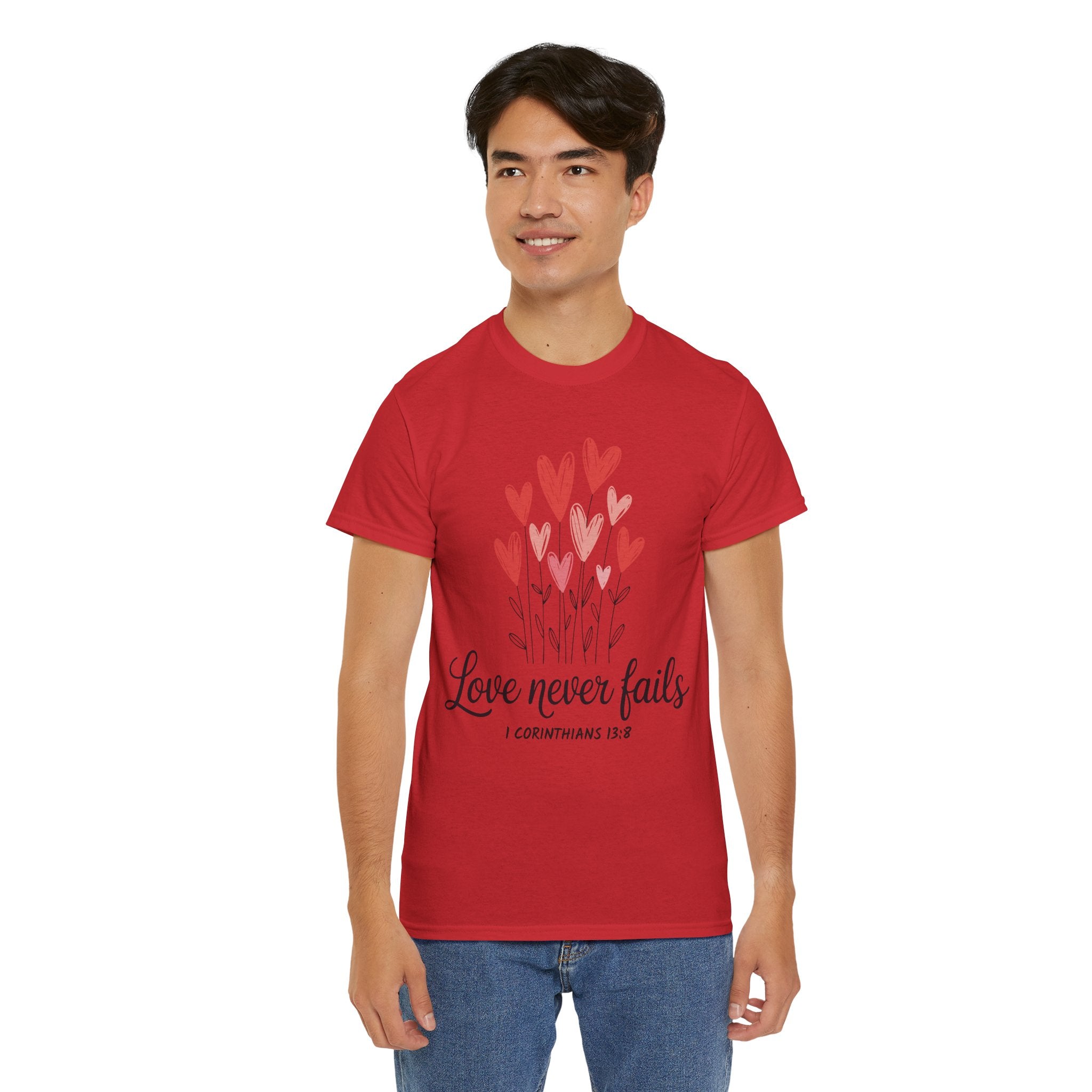 Christian Valentine T-Shirt — "Love Never Fails" (1 Corinthians 13:8) Unisex Cotton Tee