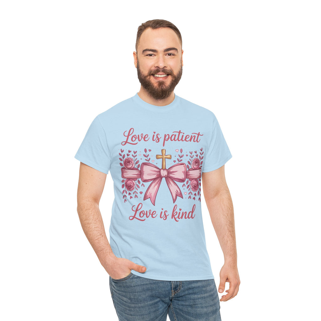 Christian Floral Tee — "Love is Patient, Love is Kind" Pink Rose Cross. Unisex Cotton Tee