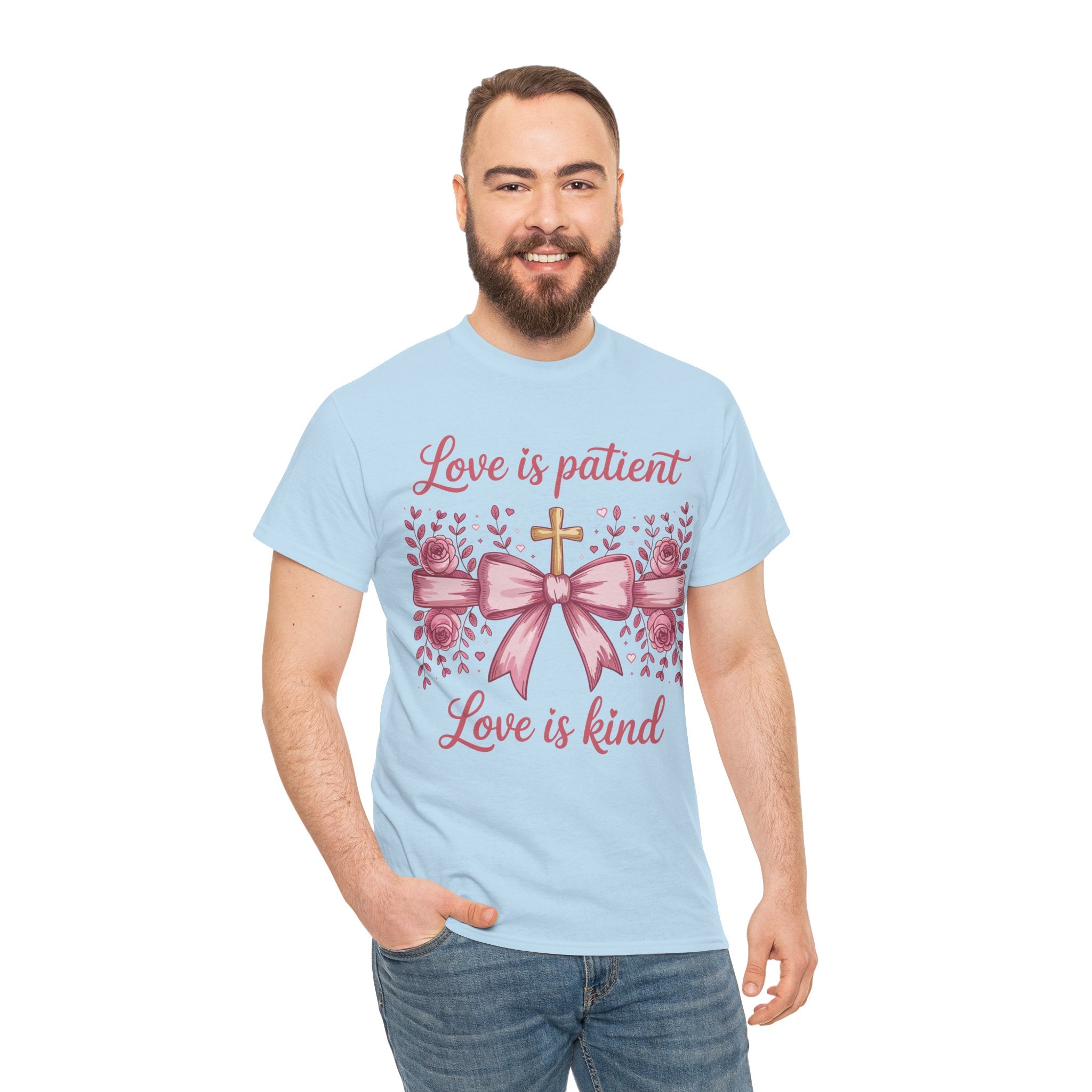 Christian Floral Tee — "Love is Patient, Love is Kind" Pink Rose Cross. Unisex Cotton Tee