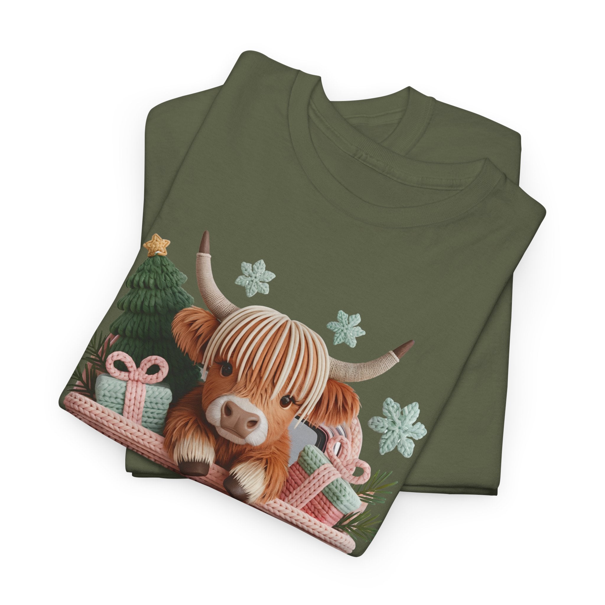 Merry Christmas Highland Cow Knit Truck Unisex Cotton T-Shirt