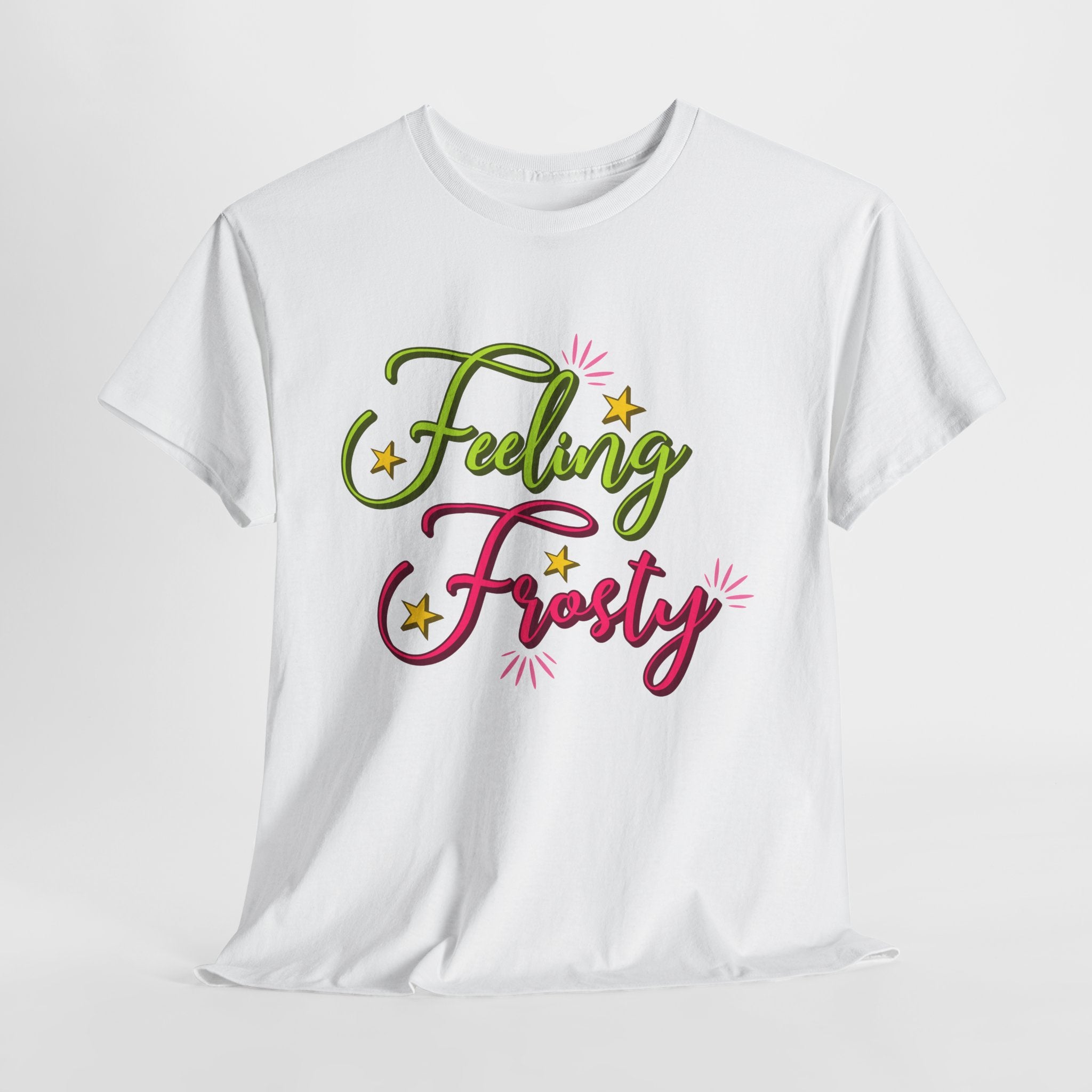 Feeling Frosty Holiday T-Shirt — Green & Pink Script Stars.Unisex Cotton Tee