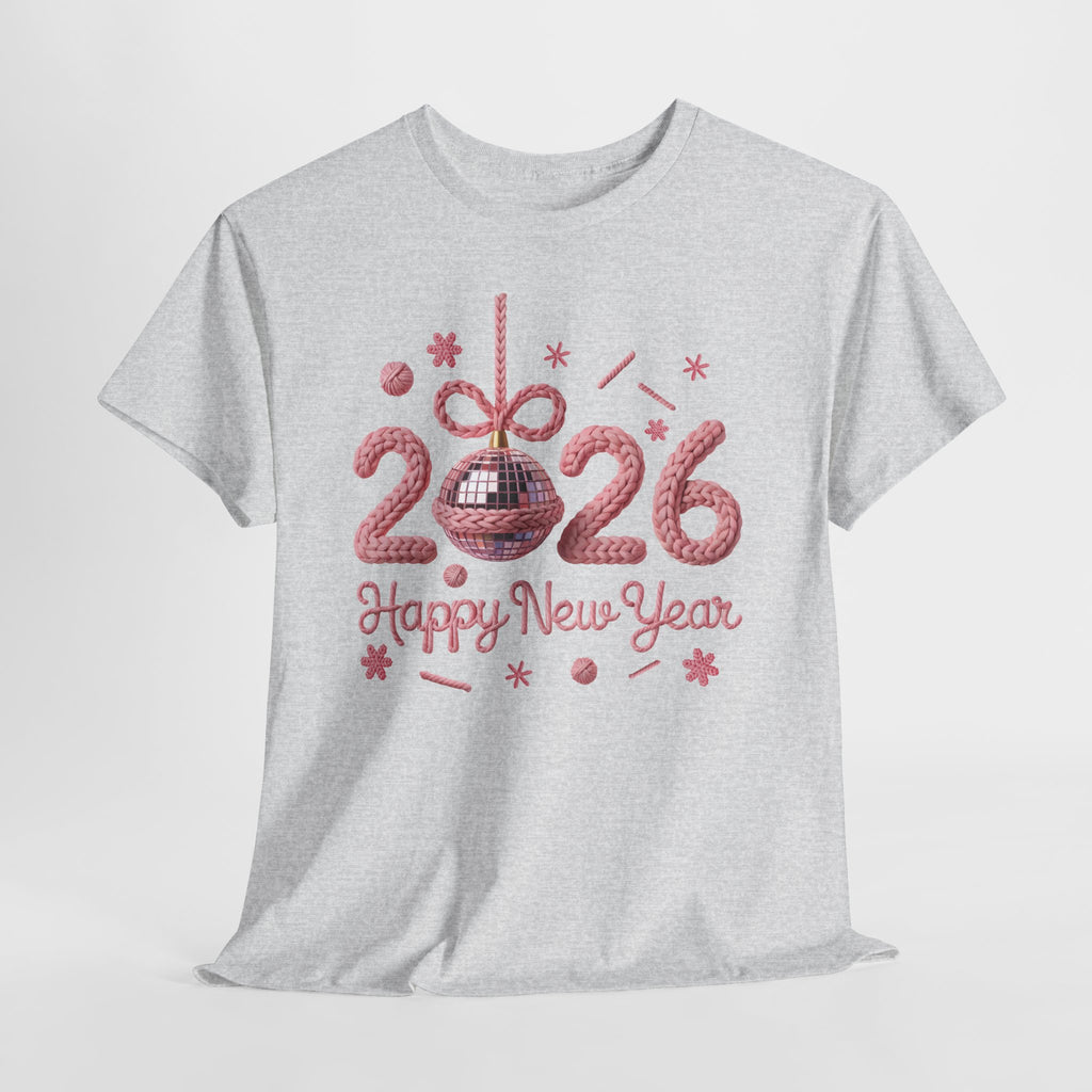 2026 Happy New Year Pink Knitted Disco Ball Unisex Cotton Tee