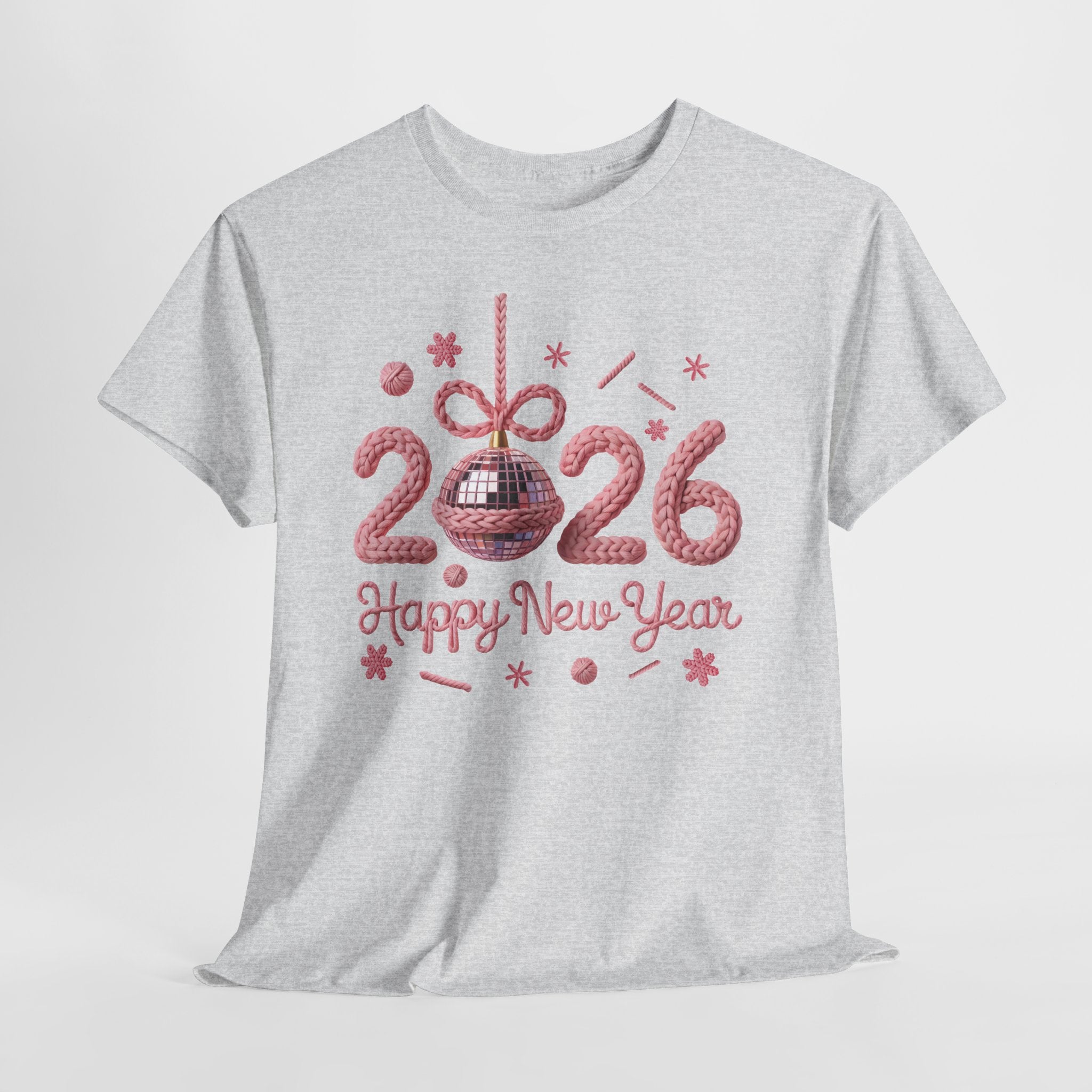 2026 Happy New Year Pink Knitted Disco Ball Unisex Cotton Tee