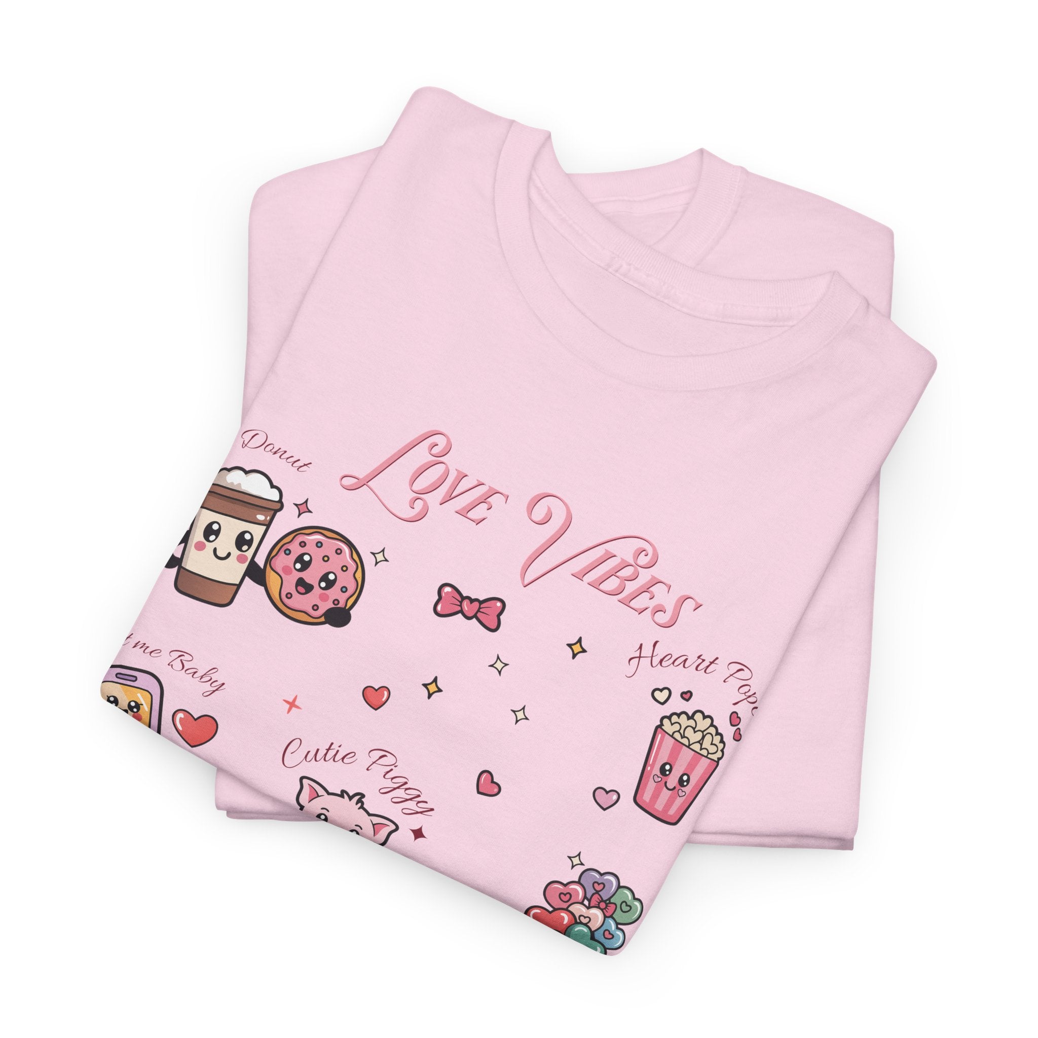 Love Vibes Kawaii Valentine T-Shirt — Cute Donut, Coffee & Piglet Design Unisex Cotton Tee