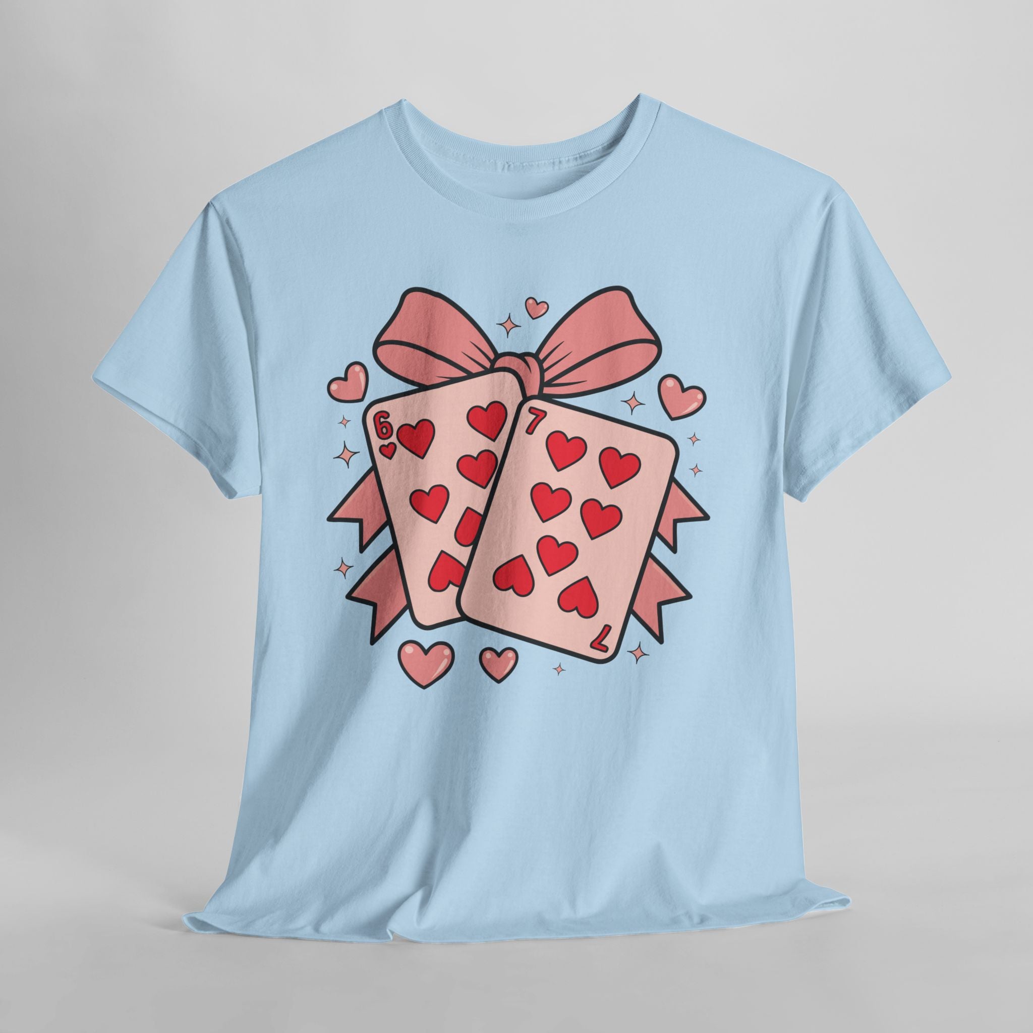 6 & 7 of Hearts T-Shirt — Paired Playing Cards with Pink Bow Unisex Cotton Tee