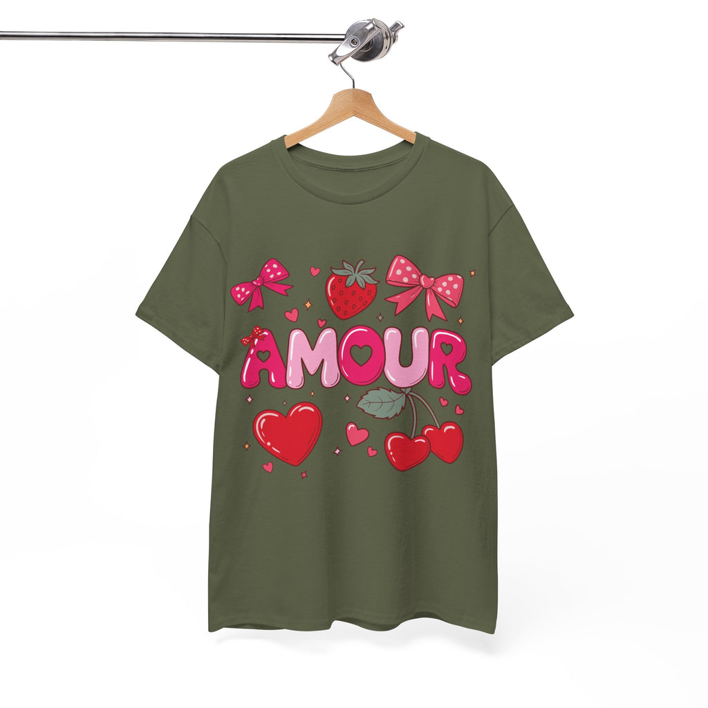 Amour Pink Hearts Tee — Shiny Lettering with Bows, Cherries & Strawberry Accent...Unisex Cotton Tee