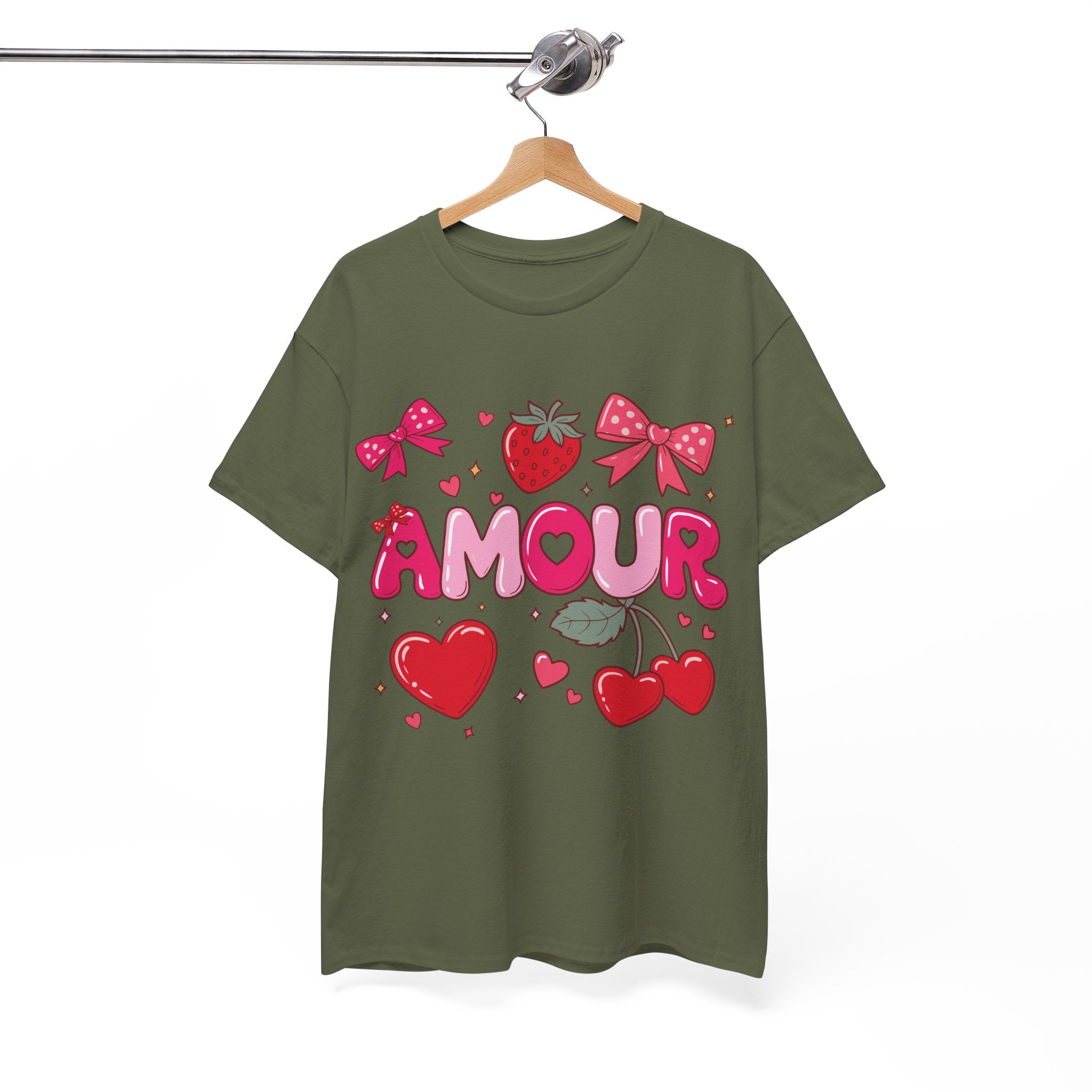 Amour Pink Hearts Tee — Shiny Lettering with Bows, Cherries & Strawberry Accent...Unisex Cotton Tee