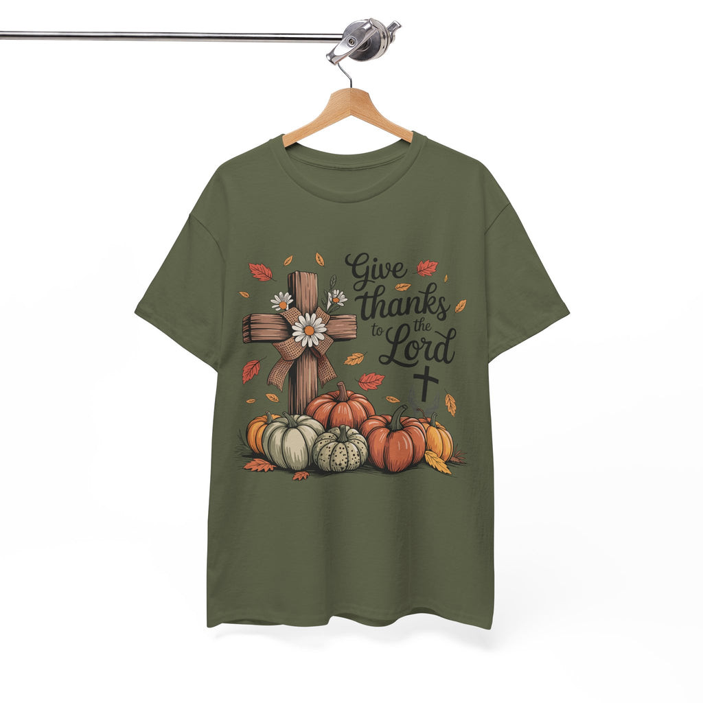 Give Thanks to the Lord Autumn Tee — Wooden Cross, Pumpkins & Daisies..Unisex Cotton Tee