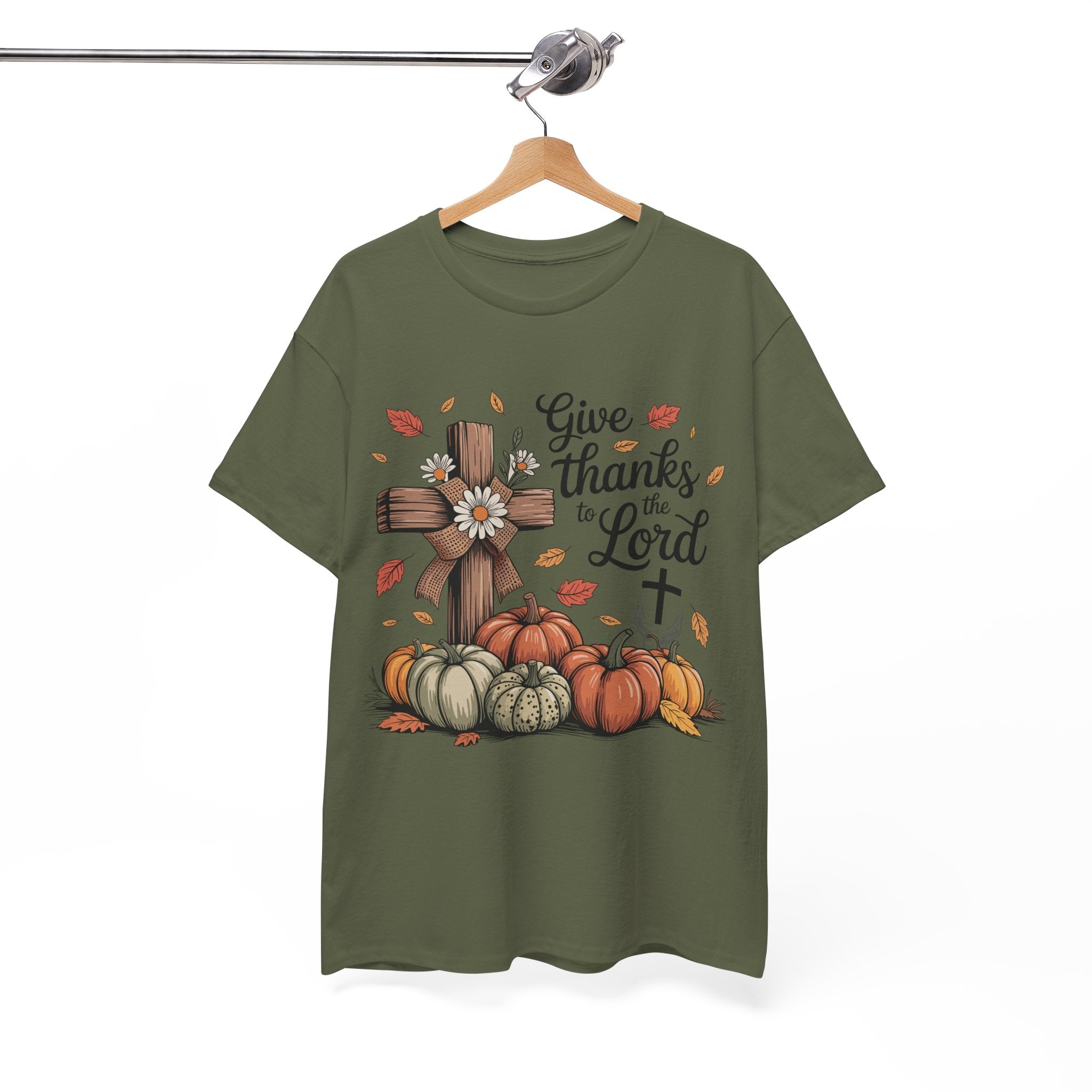 Give Thanks to the Lord Autumn Tee — Wooden Cross, Pumpkins & Daisies..Unisex Cotton Tee