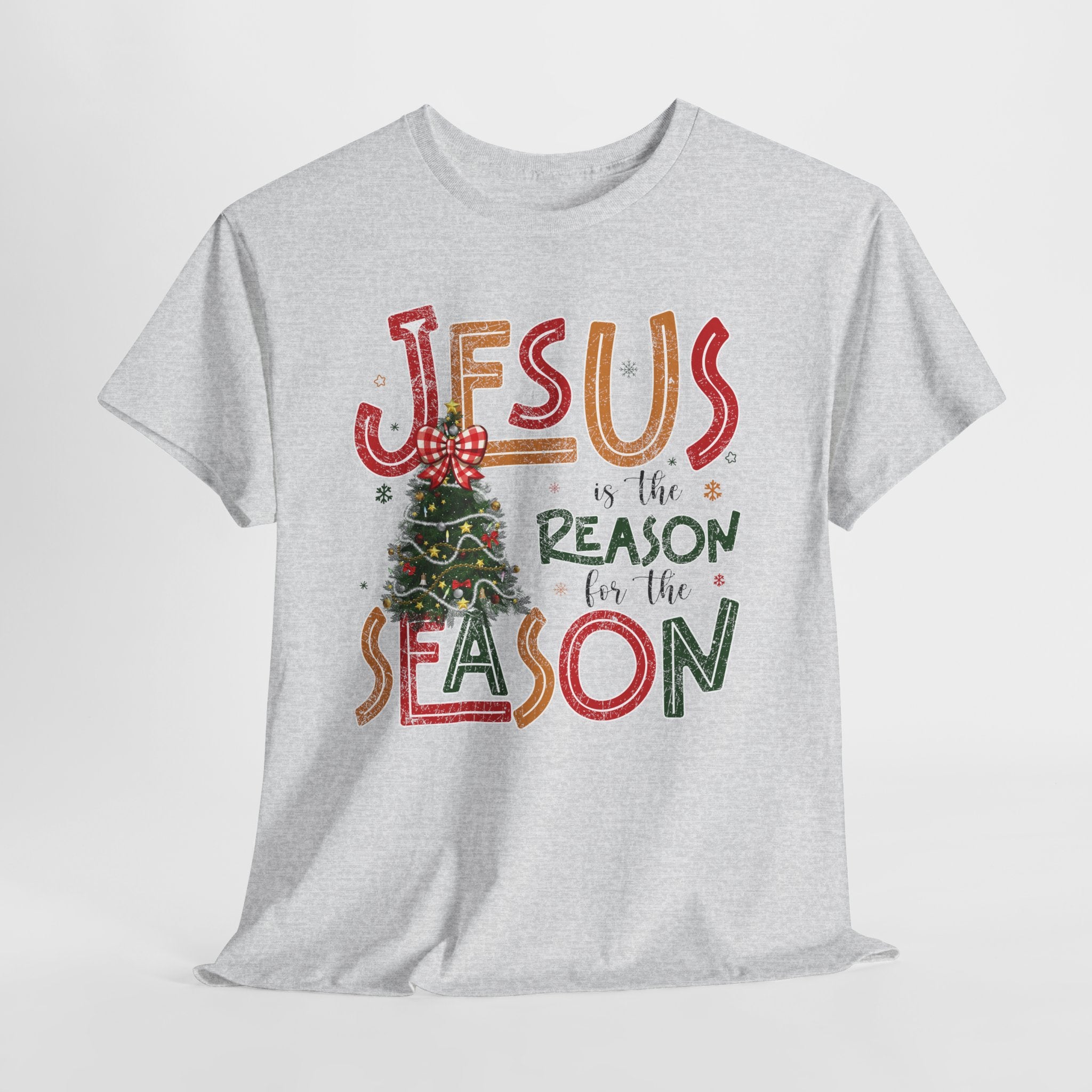 Jesus Is the Reason for the Season Christmas T-Shirt — Plaid Bow Tree..Unisex Cotton Tee