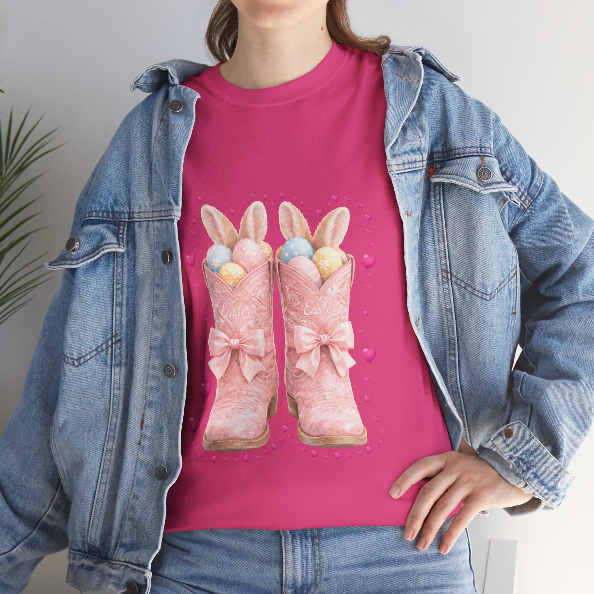 Easter Pink Western Boots Tee — Pastel Bunny Eggs & Bows Unisex Cotton Tee