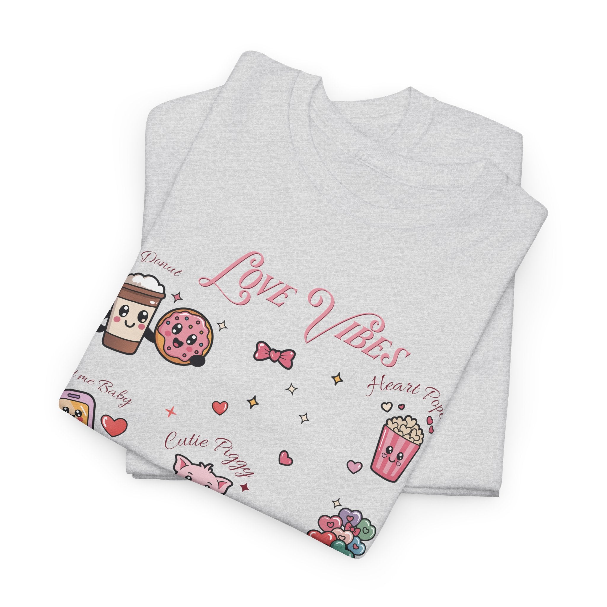 Love Vibes Kawaii Valentine T-Shirt — Cute Donut, Coffee & Piglet Design Unisex Cotton Tee
