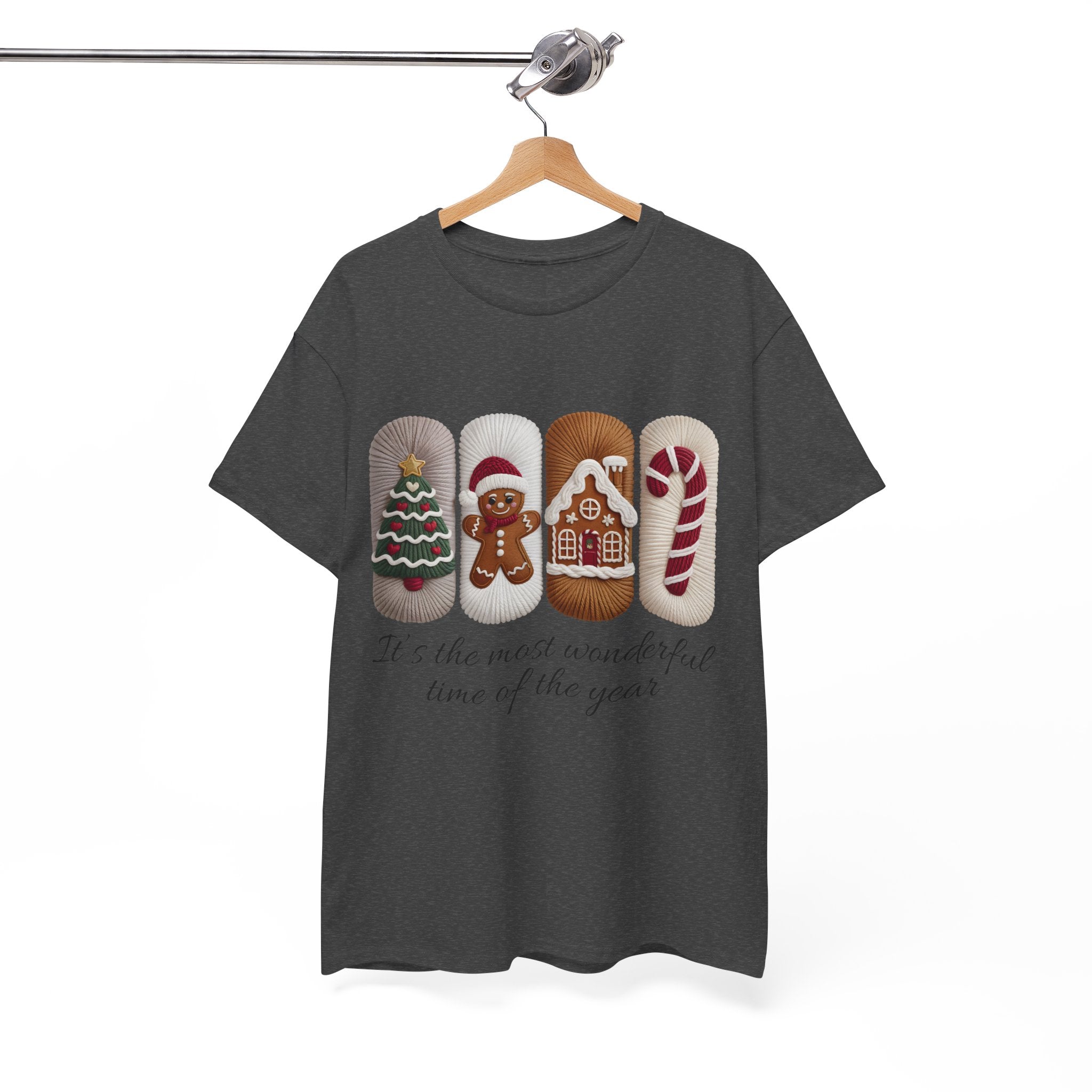 Christmas Faux-Yarn Tree Tee — Gingerbread House & Candy Cane Holiday Unisex Cotton T-Shirt