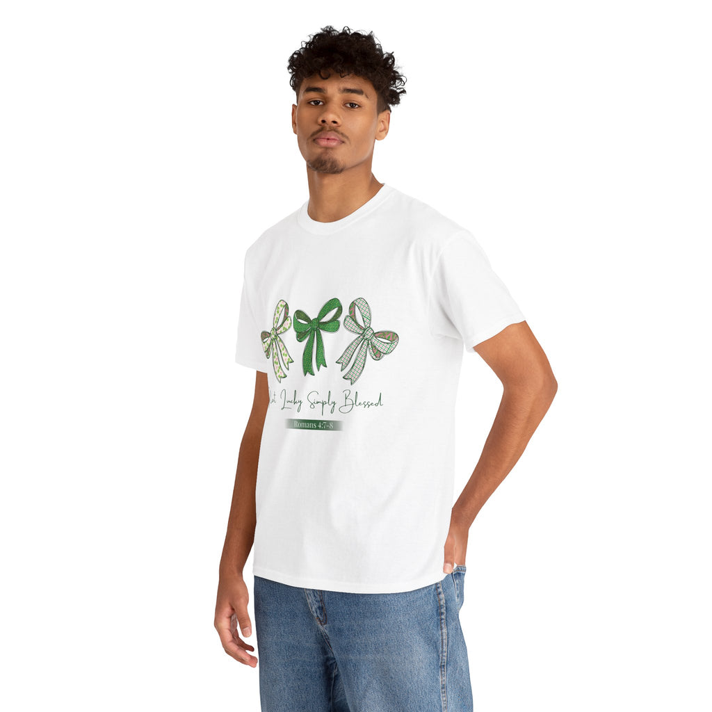 Not Lucky Simply Blessed Tee — Romans 4:7-8 Green Bow Christian Unisex Cotton T-Shirt