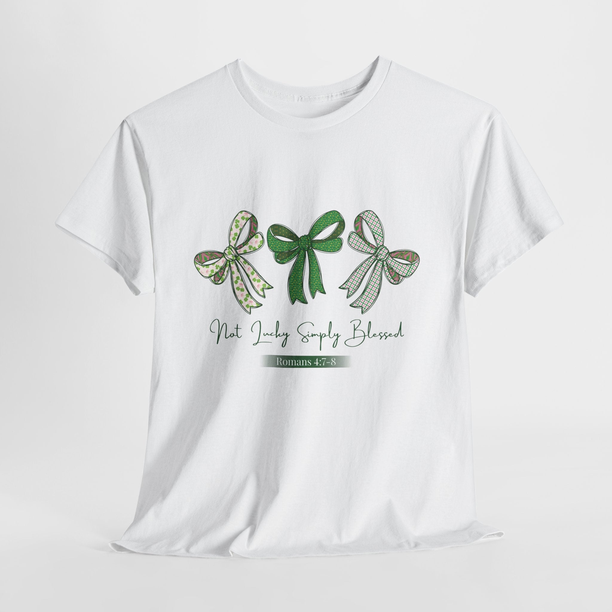 Not Lucky Simply Blessed Tee — Romans 4:7-8 Green Bow Christian Unisex Cotton T-Shirt