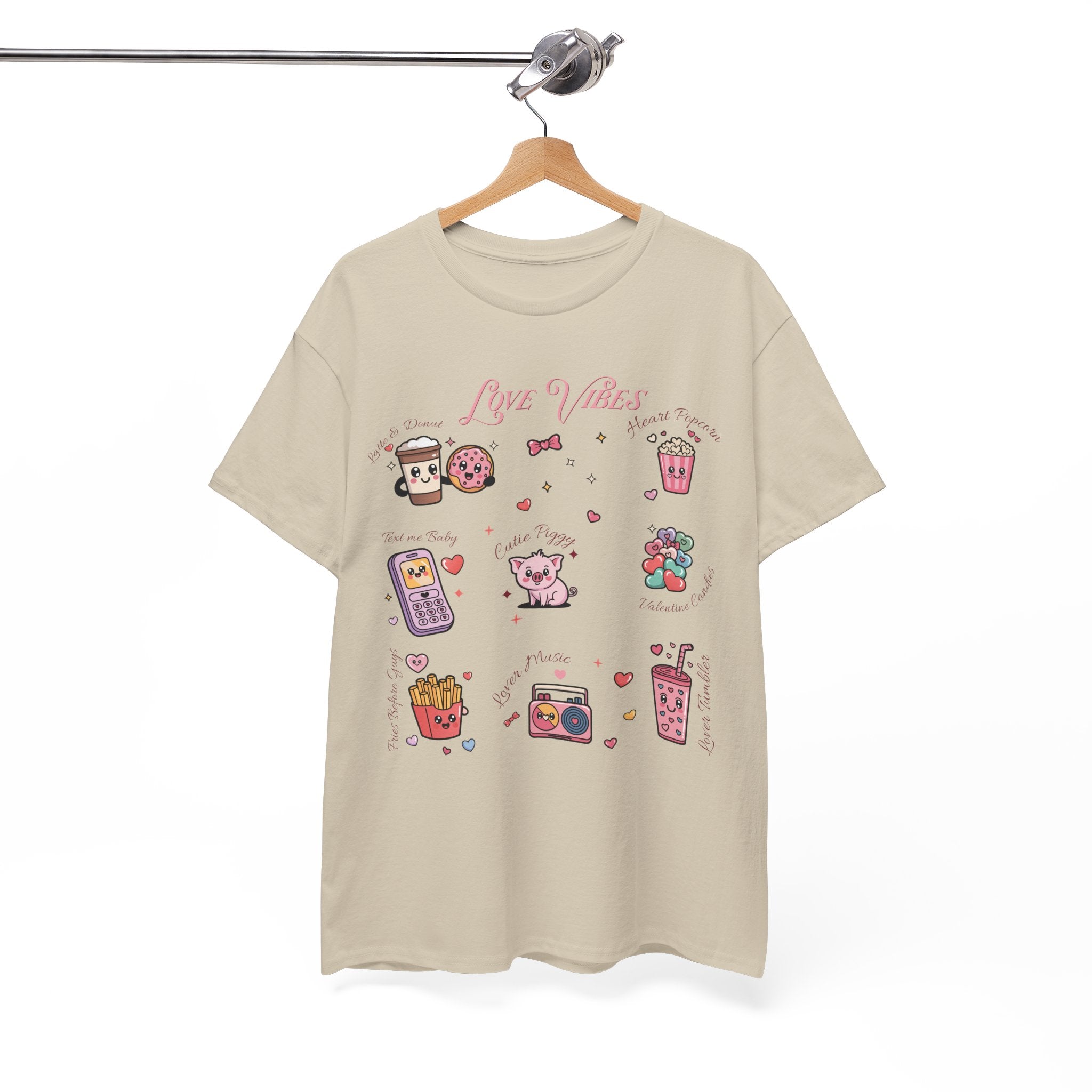Love Vibes Kawaii Valentine T-Shirt — Cute Donut, Coffee & Piglet Design Unisex Cotton Tee