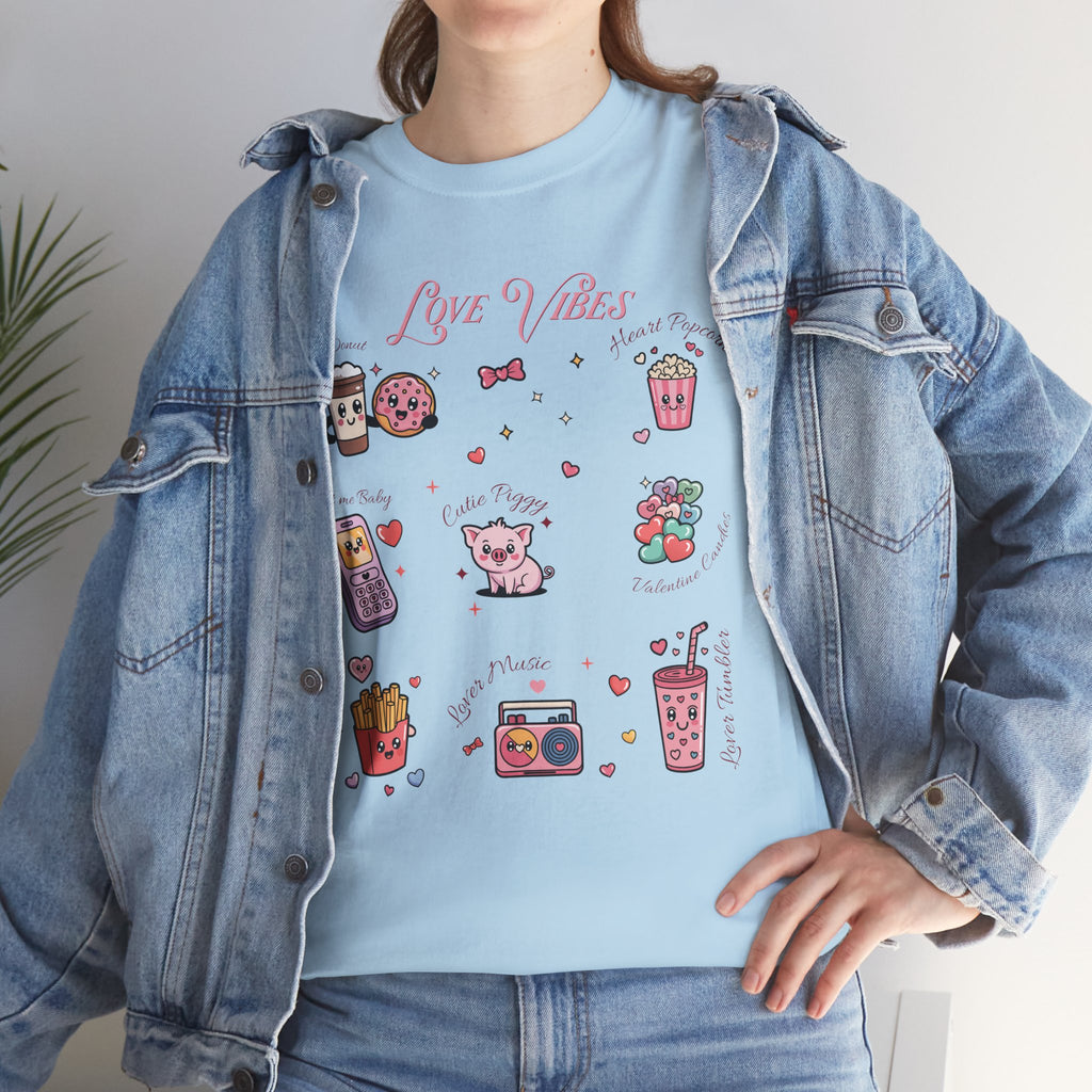 Love Vibes Kawaii Valentine T-Shirt — Cute Donut, Coffee & Piglet Design Unisex Cotton Tee