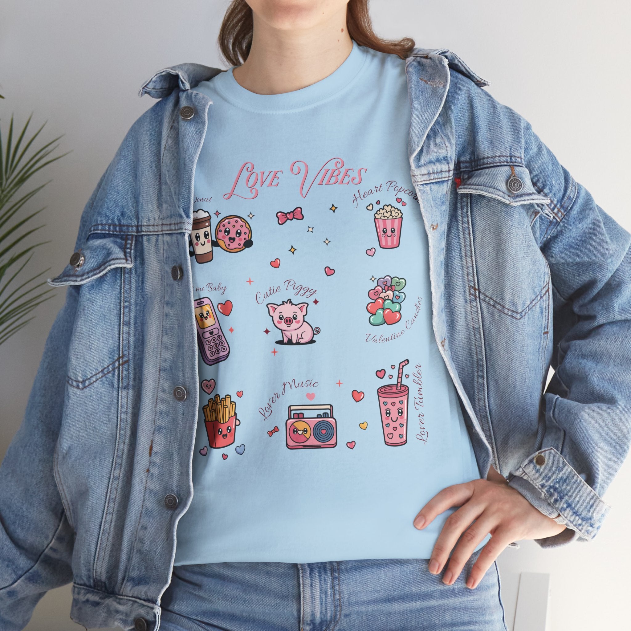 Love Vibes Kawaii Valentine T-Shirt — Cute Donut, Coffee & Piglet Design Unisex Cotton Tee
