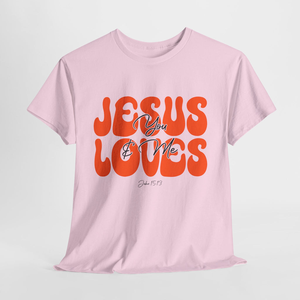 Jesus Loves You & Me Retro Tee — Playful Orange Bubbly Christian Unisex Cotton T-Shirt