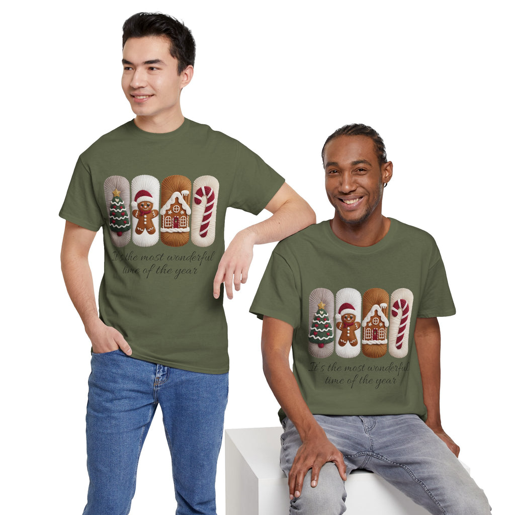 Christmas Faux-Yarn Tree Tee — Gingerbread House & Candy Cane Holiday Unisex Cotton T-Shirt