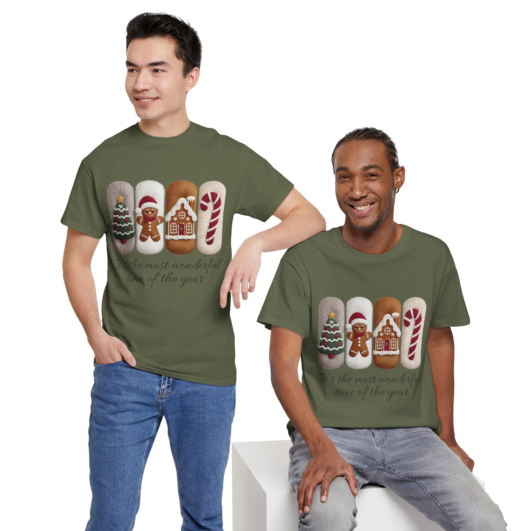Christmas Faux-Yarn Tree Tee — Gingerbread House & Candy Cane Holiday Unisex Cotton T-Shirt