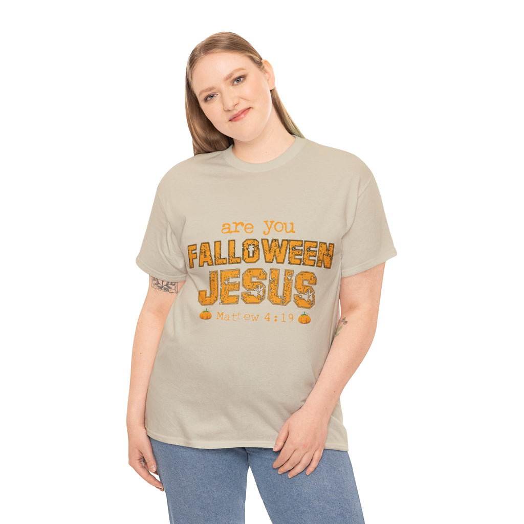 Christian Halloween T-Shirt — “Are You Falloween Jesus? Matthew 4:19” Distressed Pumpkin Design. Unisex Cotton Tee