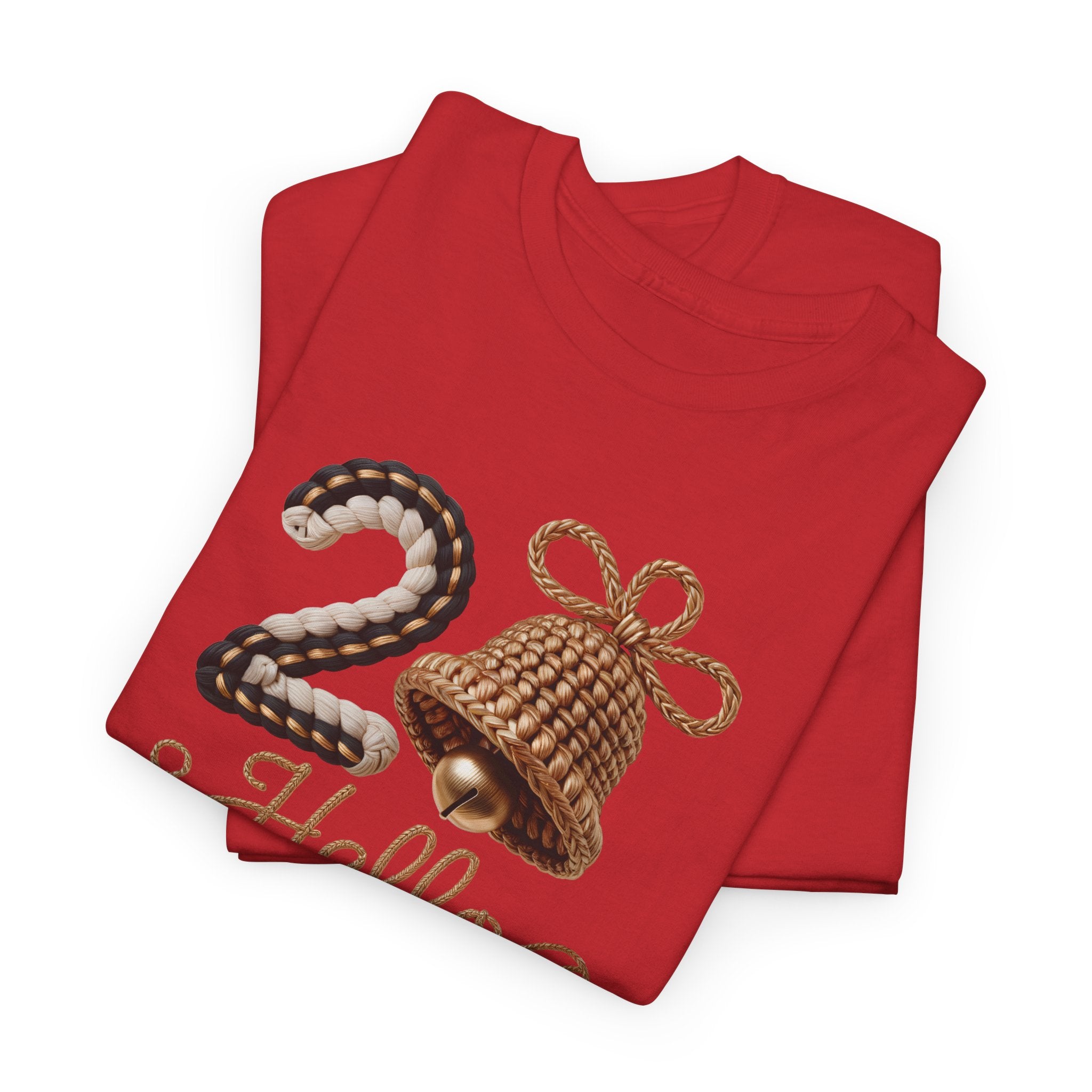 Hello 2026 Tee — Cozy Faux Yarn Braided Numbers with Woven Golden Bell..Unisex Cotton Tee