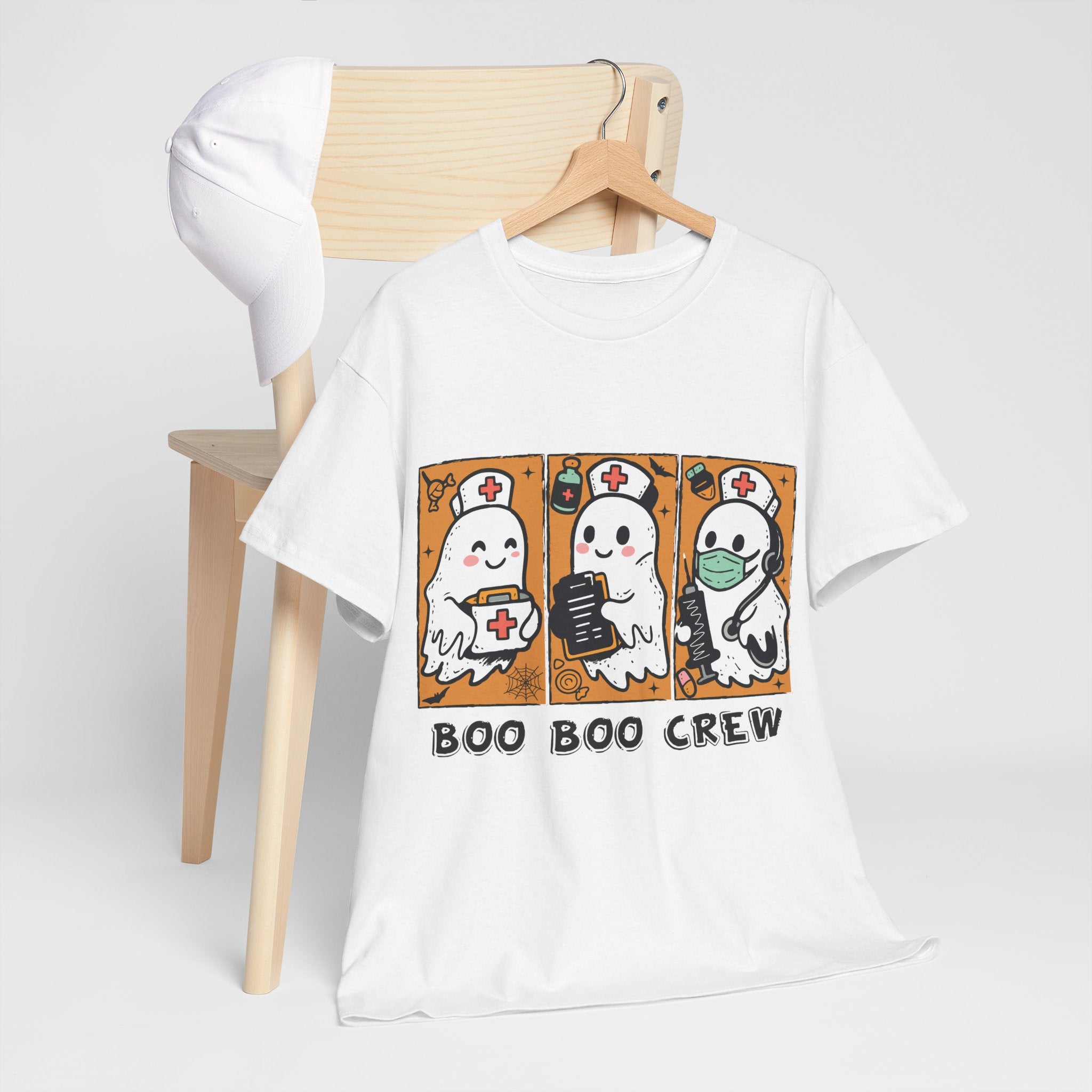 Halloween Nurse T-Shirt — Ghost Nurses Holding Medical Tools on Orange Unisec Cotton Tee