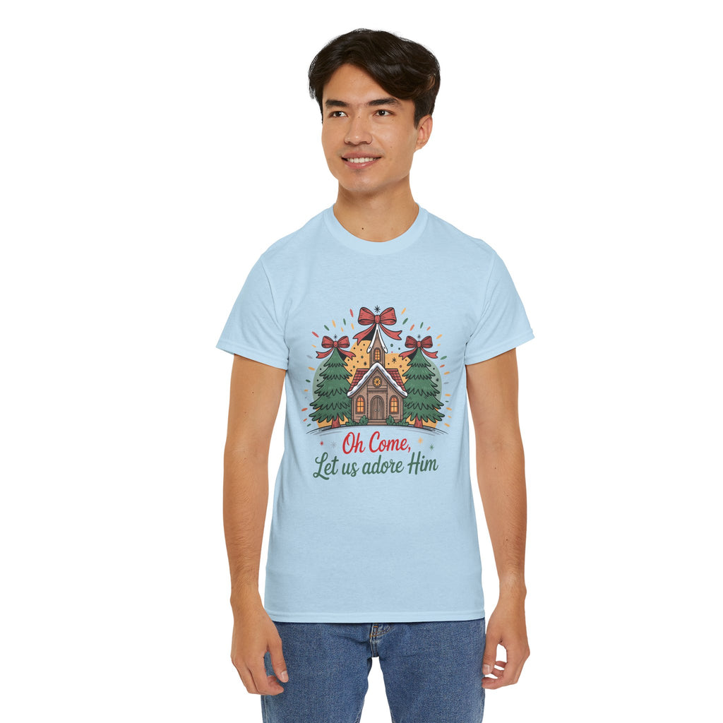 Oh Come Let Us Adore Him Christmas Tee — Church & Trees Holiday Unisex Cotton Tshirt