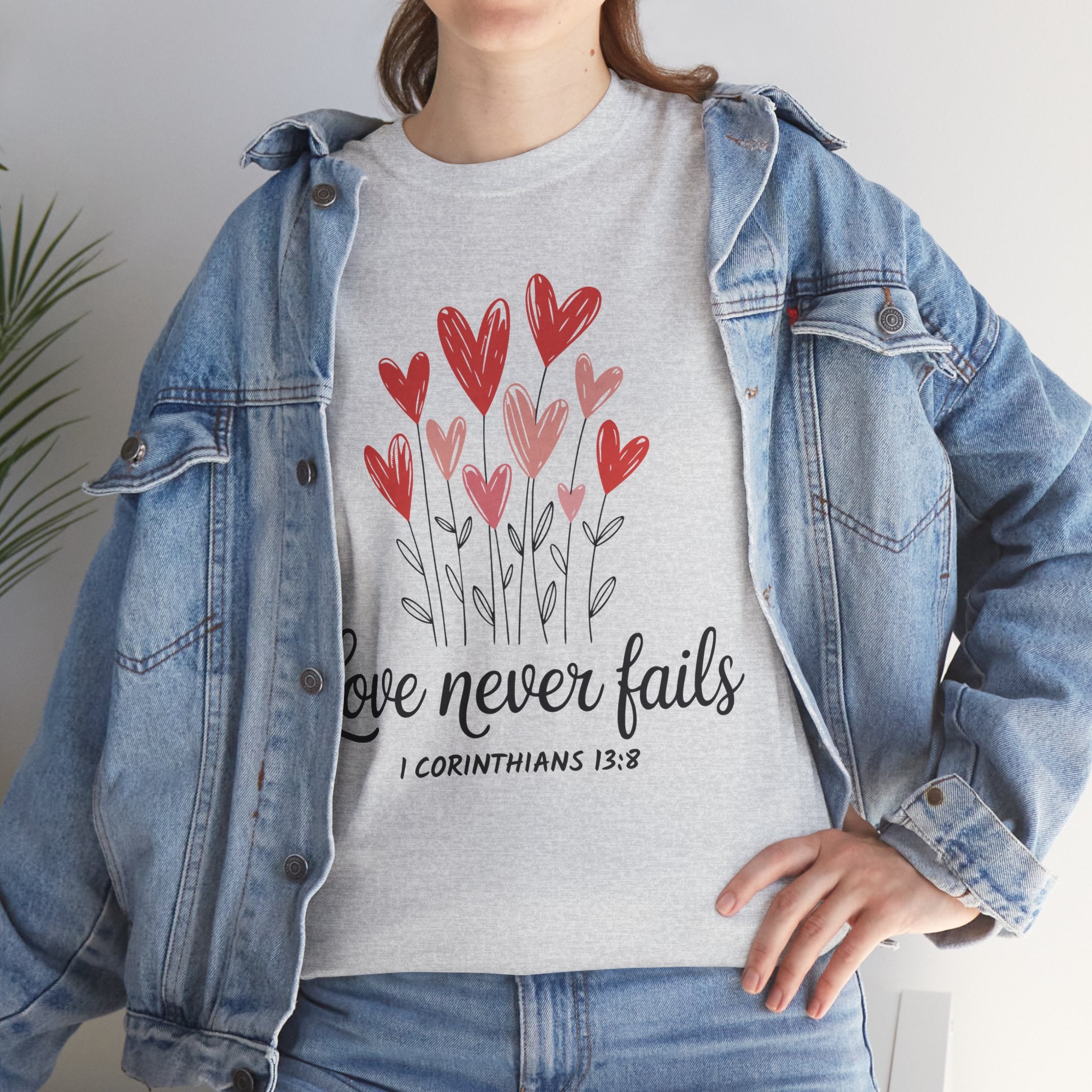 Christian Valentine T-Shirt — "Love Never Fails" (1 Corinthians 13:8) Unisex Cotton Tee