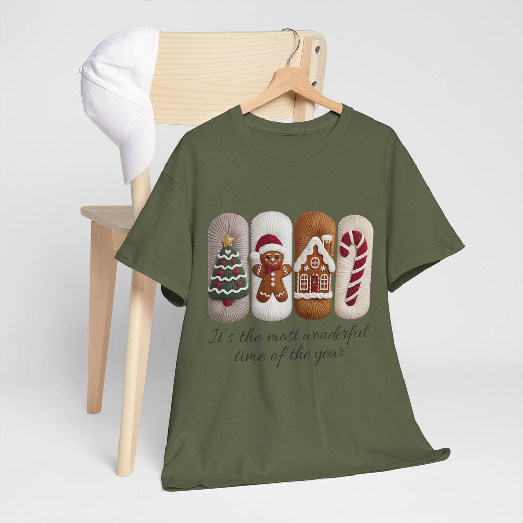 Christmas Faux-Yarn Tree Tee — Gingerbread House & Candy Cane Holiday Unisex Cotton T-Shirt