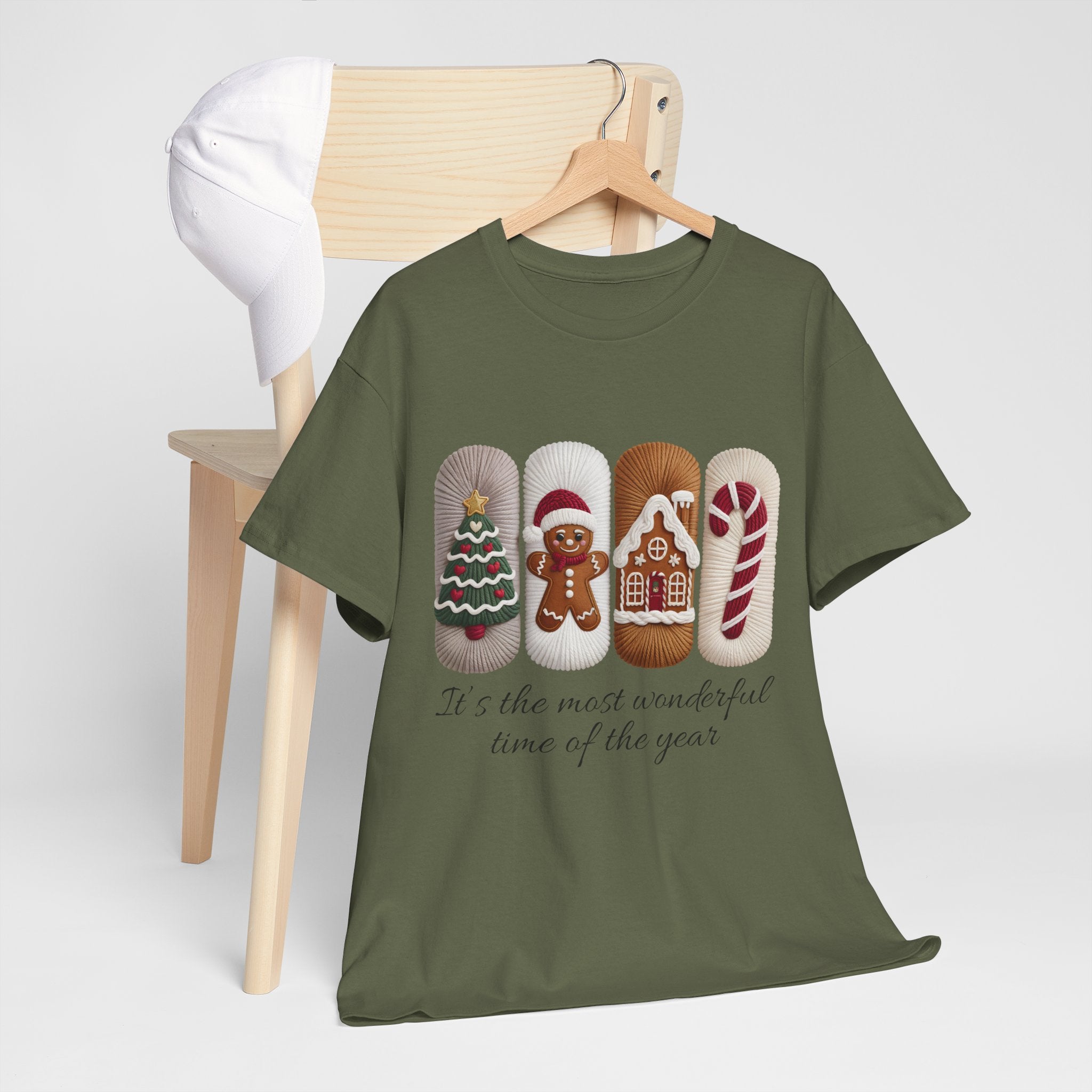 Christmas Faux-Yarn Tree Tee — Gingerbread House & Candy Cane Holiday Unisex Cotton T-Shirt