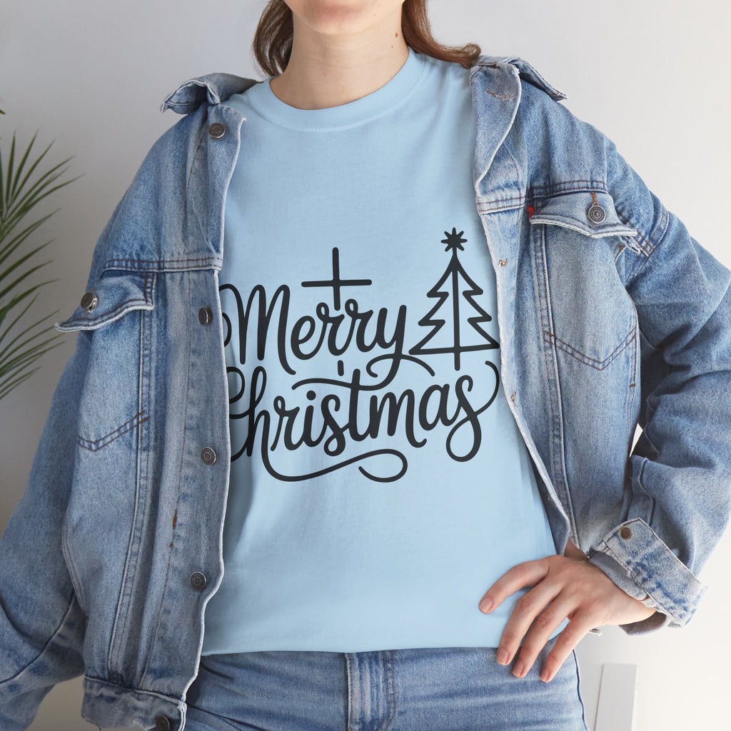 Merry Christmas Script T-Shirt with Cross & Tree(Unisex Cotton Tee)