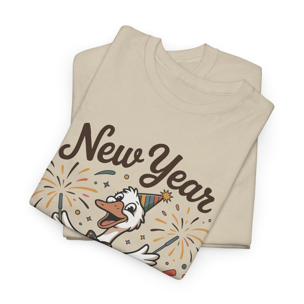 Happy Goose New Year T-Shirt — Party Hat, Fireworks & Confetti Unisex Cotton Tee
