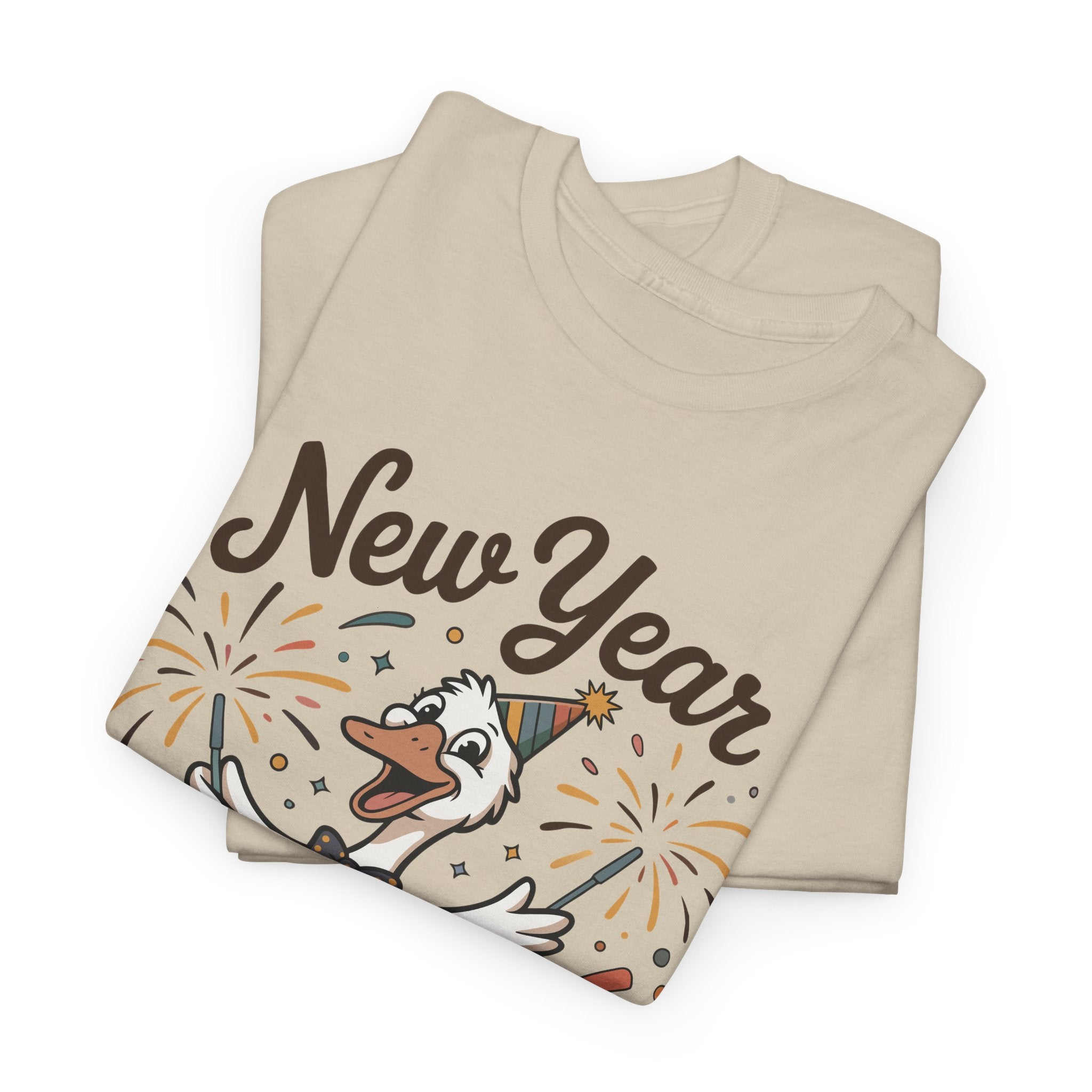 Happy Goose New Year T-Shirt — Party Hat, Fireworks & Confetti Unisex Cotton Tee