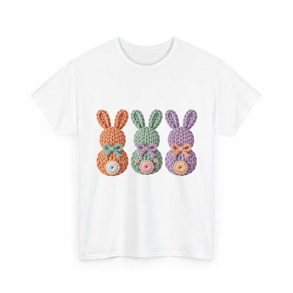 Pastel Crochet Bunny Tee — Trio of Faux Knit Bunnies with Bows & Flowers Unisex Cotton Tee