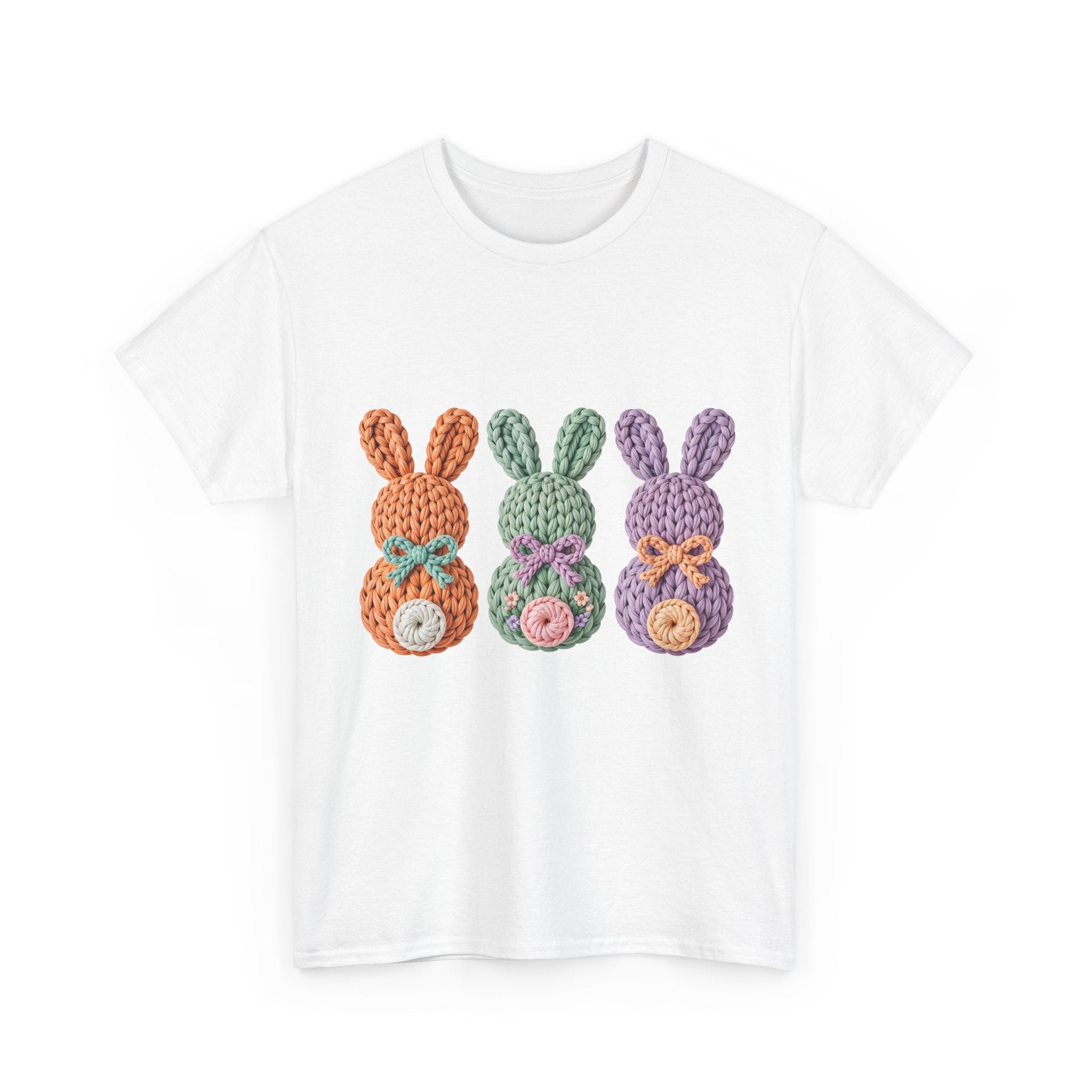 Pastel Crochet Bunny Tee — Trio of Faux Knit Bunnies with Bows & Flowers Unisex Cotton Tee