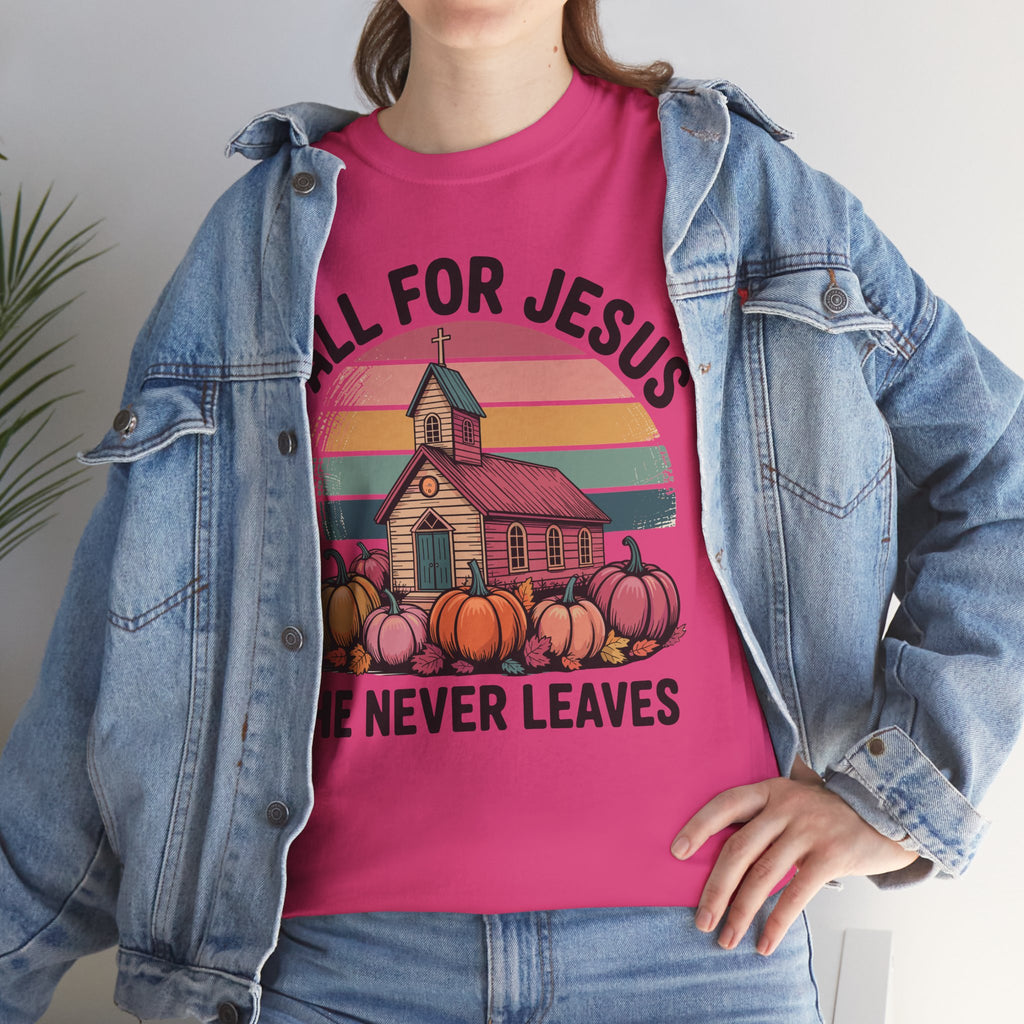 Jesus Leopard Print Fall T-Shirt — Pumpkins, Leaves & Floral Faith Unisex Cotton Tee