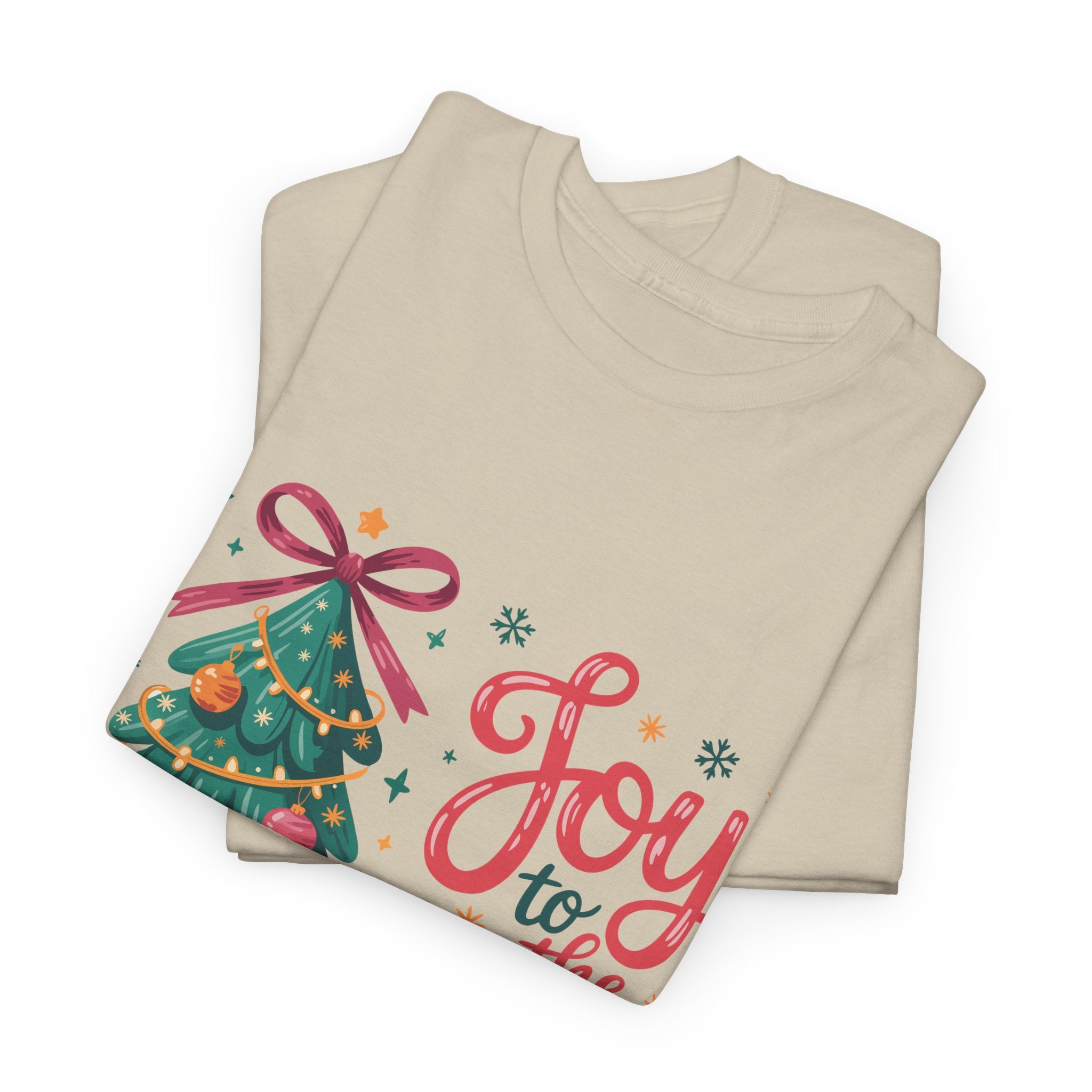 Joy to the World Christmas Tee — Festive Tree with Pink Bow..Unisex Cotton Tee