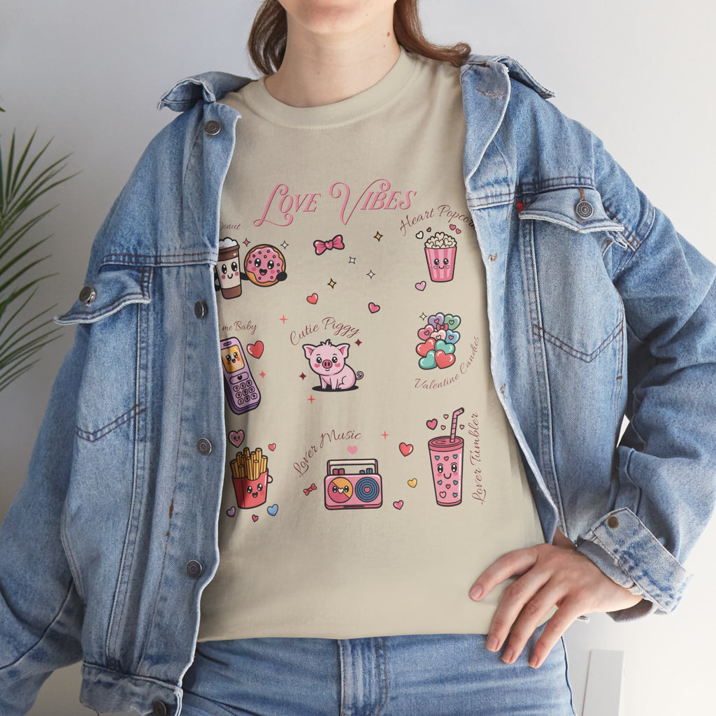 Love Vibes Kawaii Valentine T-Shirt — Cute Donut, Coffee & Piglet Design Unisex Cotton Tee
