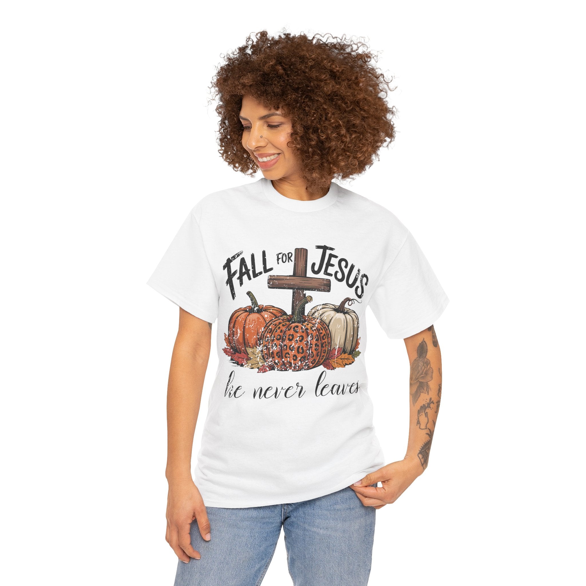 Fall for Jesus Pumpkin Cross Tee — "He Never Leaves" Autumn Christian Unisex Cotton T-Shirt