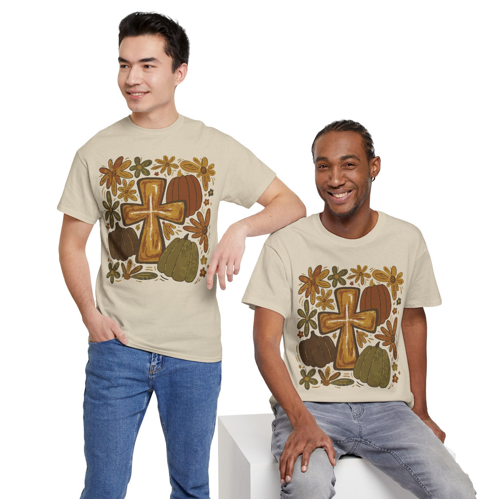 Autumn Cross Tee — Rustic Pumpkin & Fall Floral Christian Unisaex Cotton T-Shirt