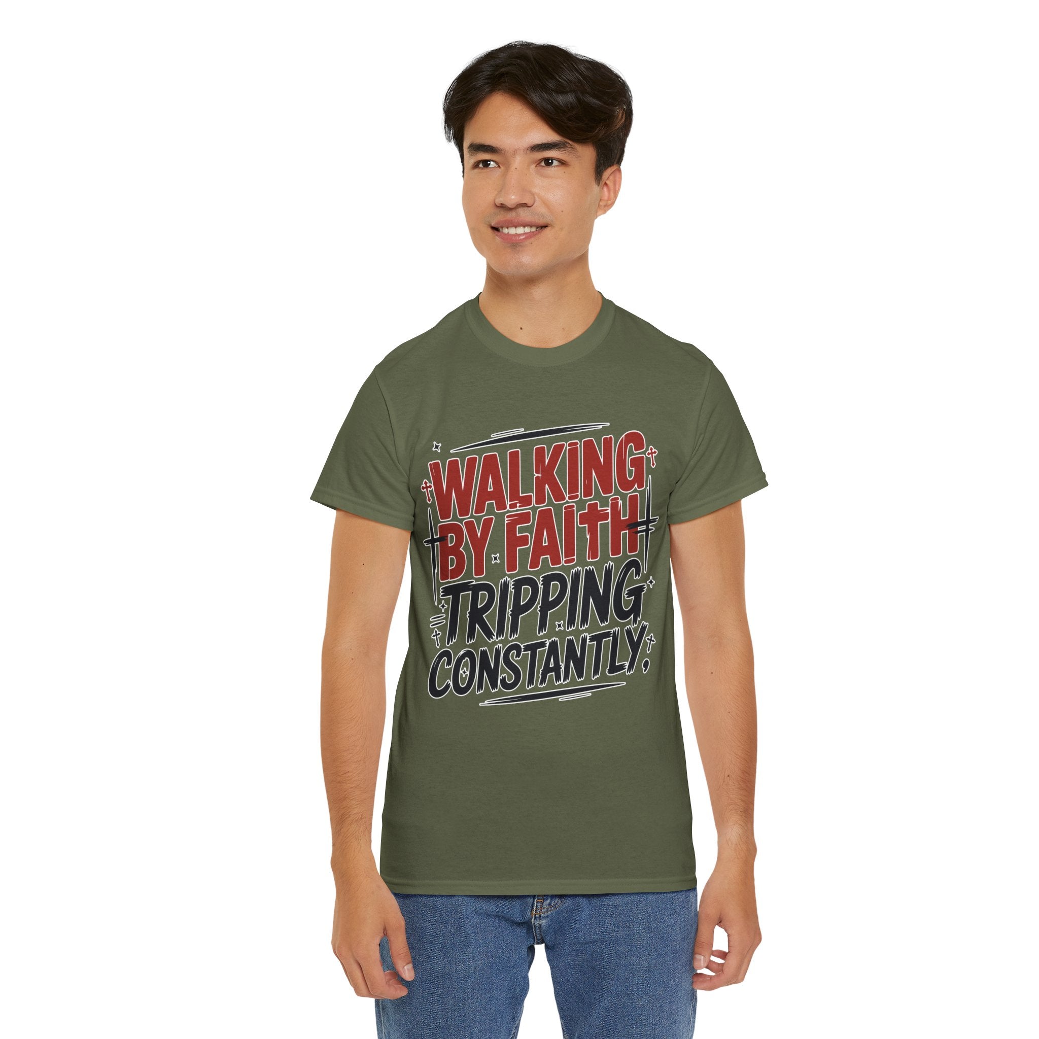 Walking by Faith, Tripping Constantly Unisex Cotton T-Shirt