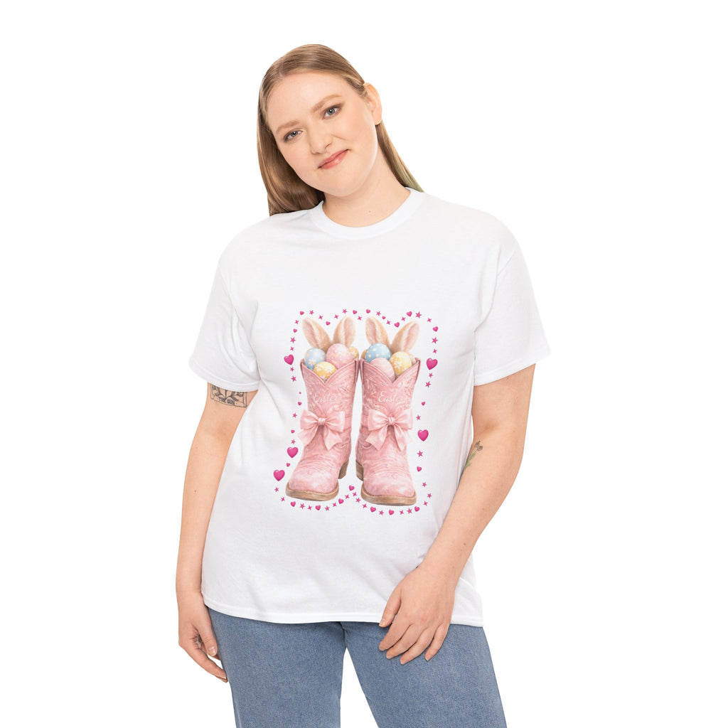 Easter Pink Western Boots Tee — Pastel Bunny Eggs & Bows Unisex Cotton Tee