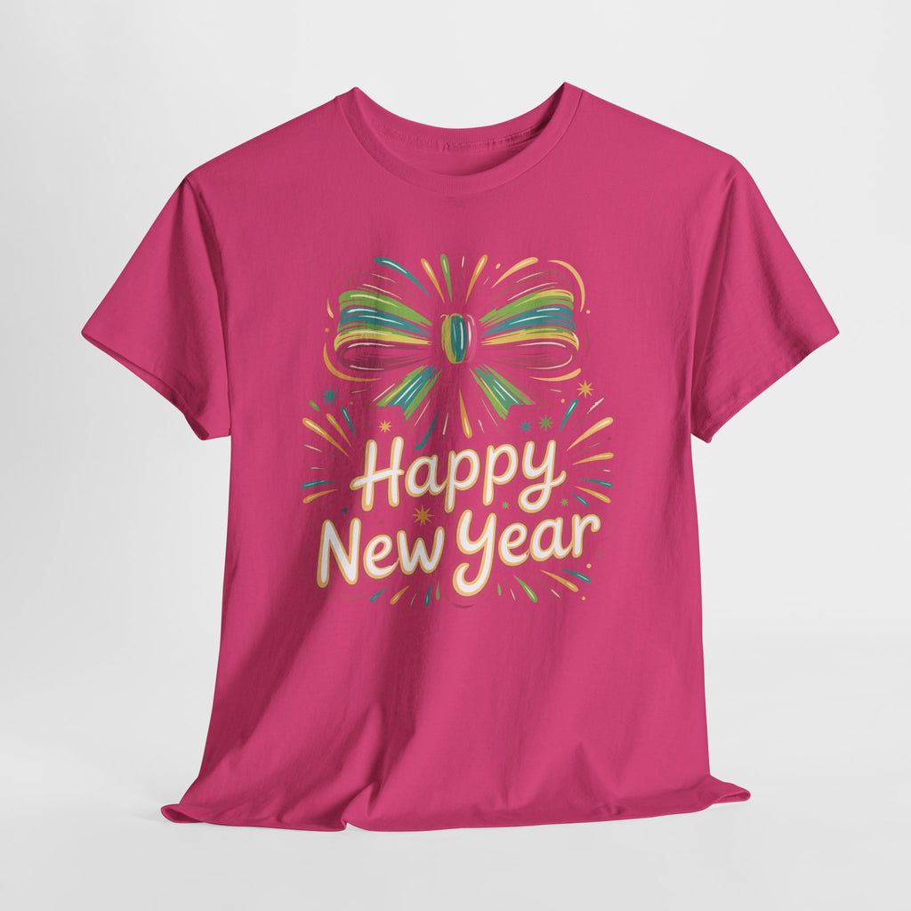 Happy New Year Pastel Tee — Rainbow Bow & Fireworks Celebration Unisex Cotton Tshirt